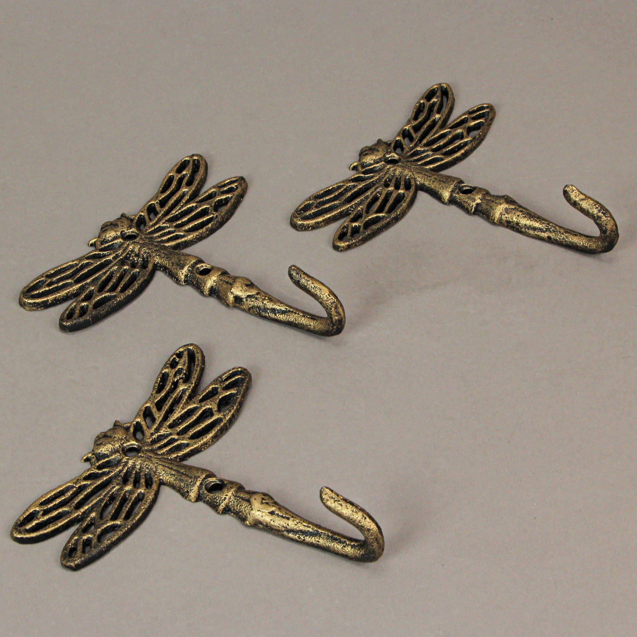 Alt View 5. Zeckos - 5 Inch Cast Iron Dragonfly Wall Hook Decorative Towel Hangers Coat Rack Set of 3 - Gold.