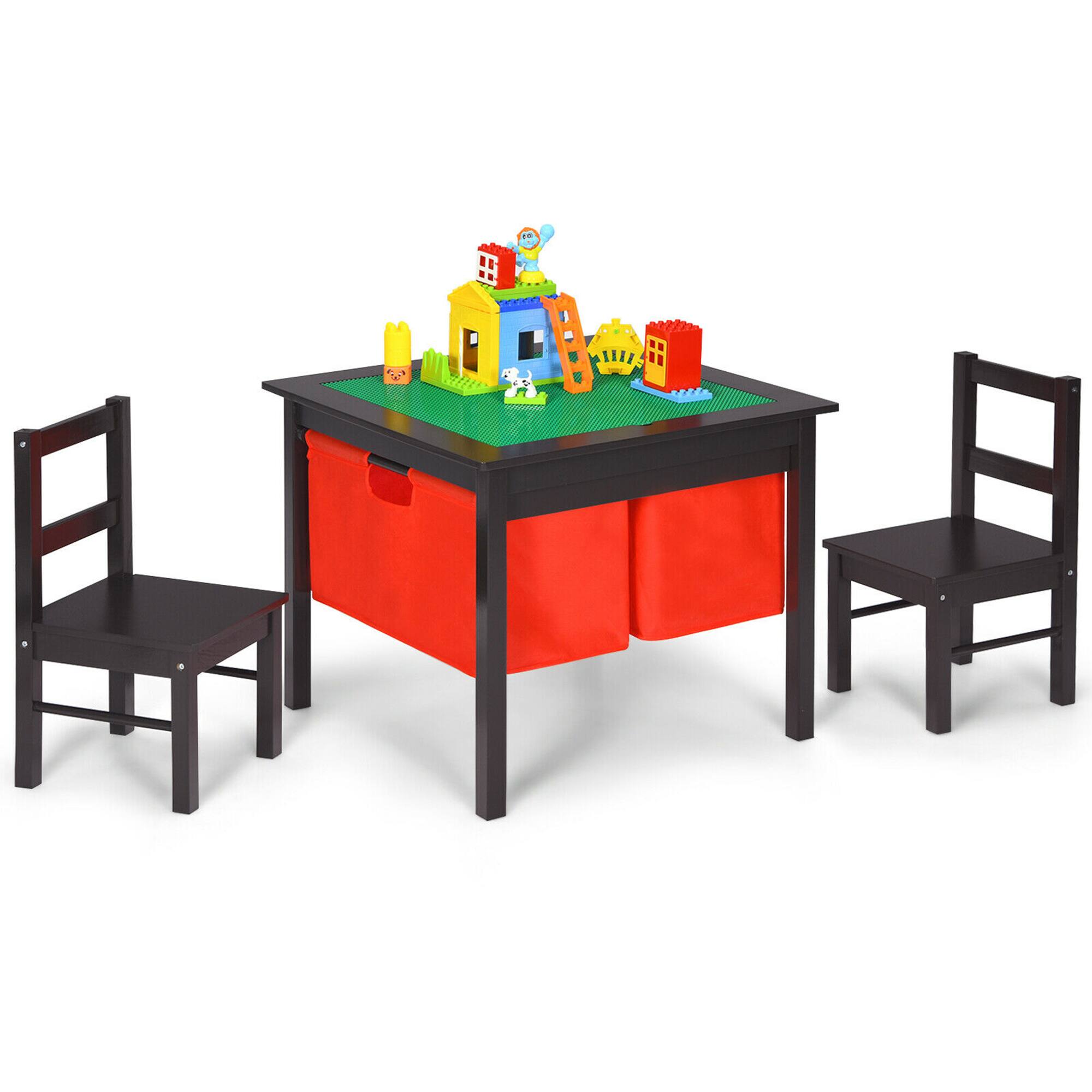 Costway - 2-in-1 Kids Activity Table & 2 Chairs Set w/Storage Building Block Table - Espresso