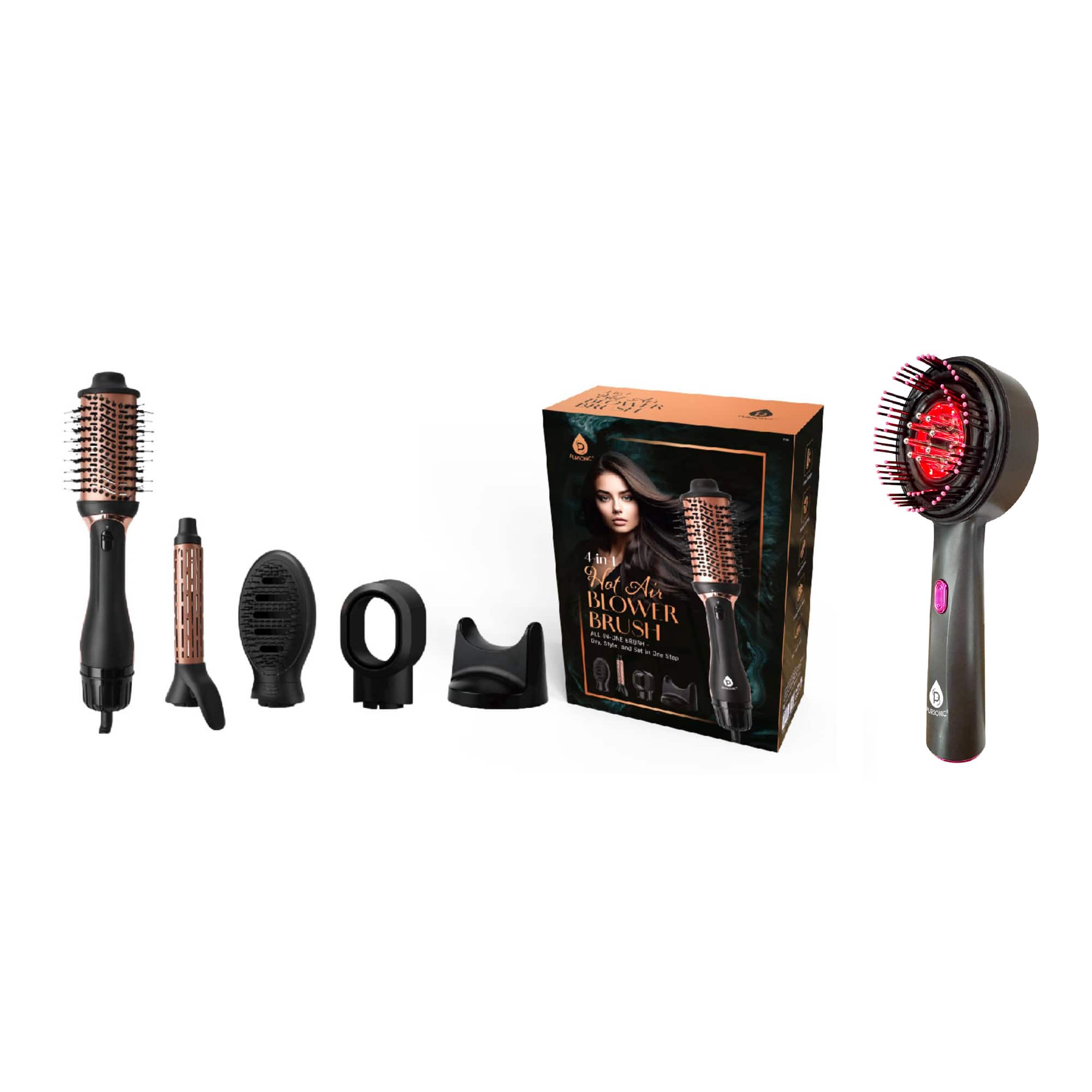 Hair Wellness Duo: Hot Air Blower Brush & Pursonic 3-in-1 LED Therapy Scalp Brush