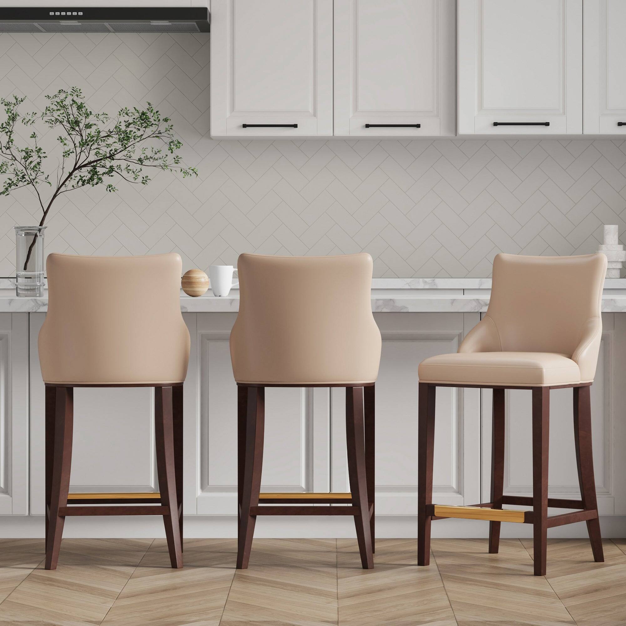 Angle. Manhattan Comfort - Shubert Modern Wood Upholstered Barstool - Set of 3 - Tan.
