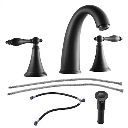 Front. JUJABU - 2 Handle Widespread Bathroom Faucet 3 Hole with Pop Up Drain and 2 Water Supply Lines, Matte Black - Matte Black.