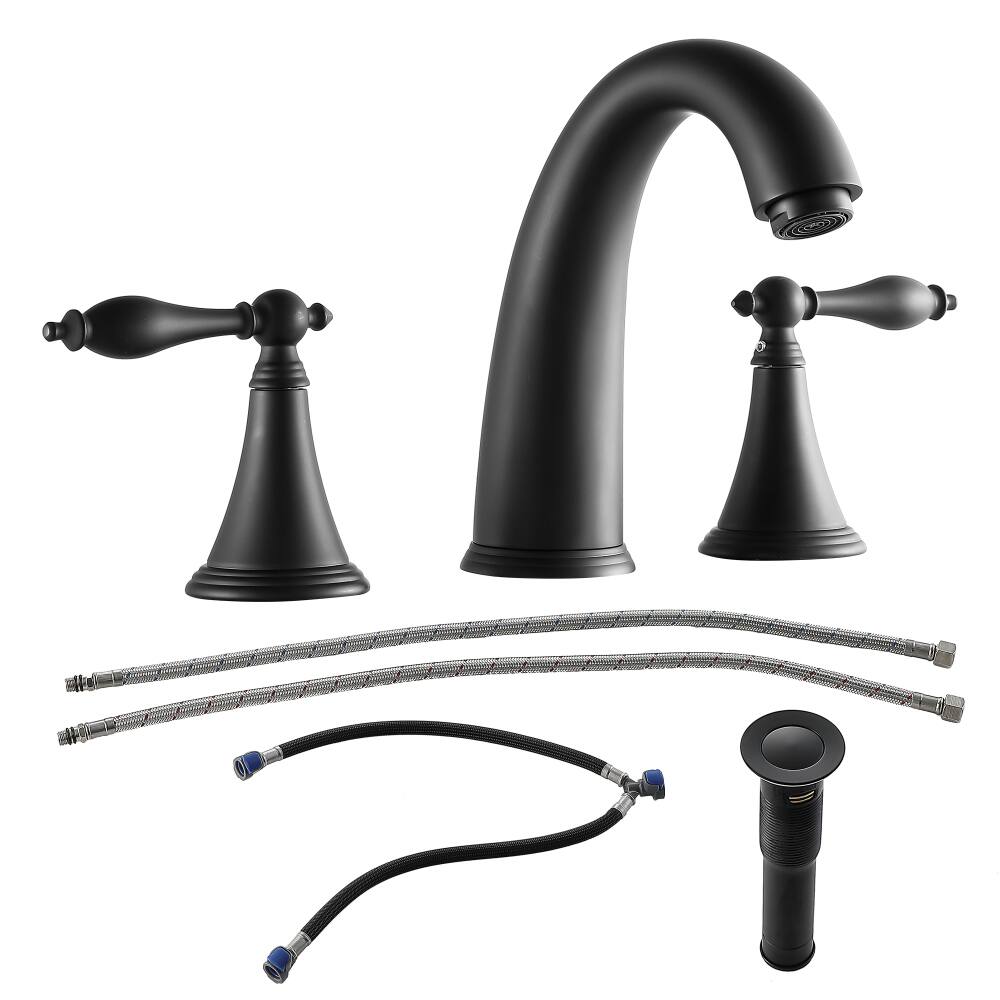 Front. JUJABU - 2 Handle Widespread Bathroom Faucet 3 Hole with Pop Up Drain and 2 Water Supply Lines, Matte Black - Matte Black.