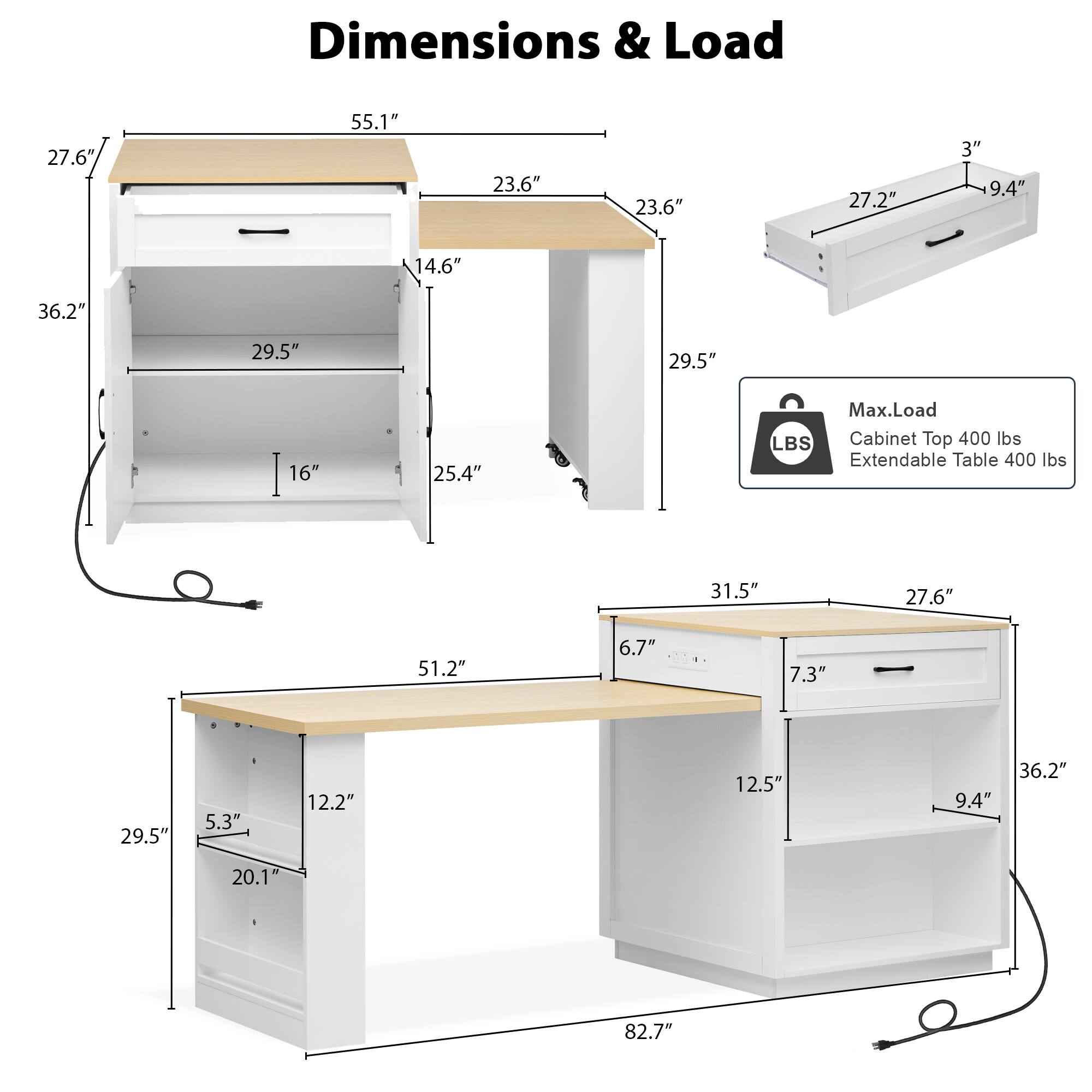 Dimensions & Load

- Cabinet Top: 27.6" x 55.1" x 14.6"
- Extendable Table: 27.2" x 9.4" x 3"
- Max Load: Cabinet Top 400 lbs, Extendable Table 400 lbs
- Overall Dimensions: 31.5" x 27.6" x 82.7"
- Side Cabinet: 29.5" x 51.2" x 20.1"
- Shelves: 29.5" x 16" x 25.4"
- Drawer: 29.5" x 14.6" x 3.6"
- Bottom Shelf: 29.5" x 12.5" x 9.4"
- Side Panels: 29.5" x 5.3" x 12.2"
- Back Panel: 36.2" x 9.4" x 6.7"