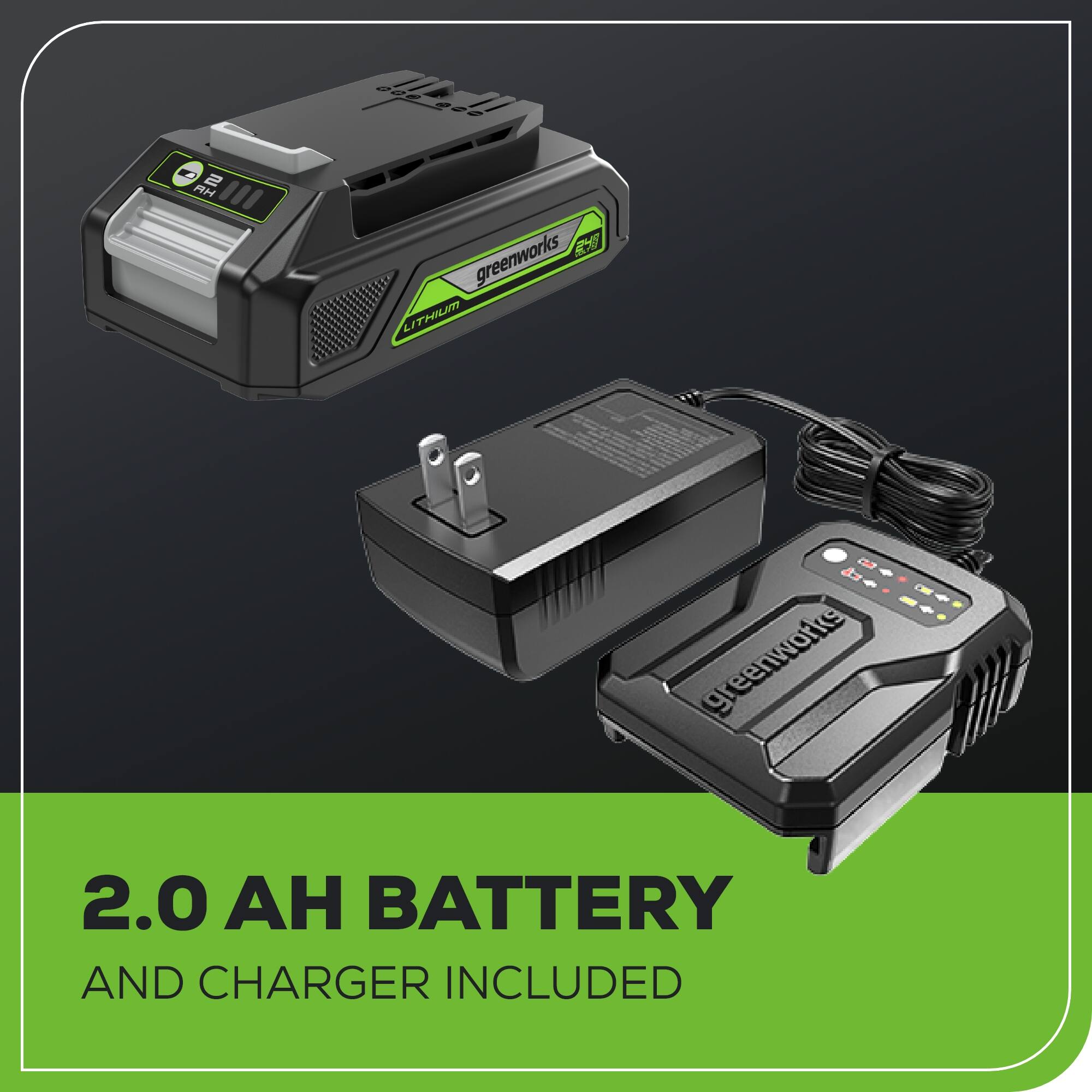 002822 822 2 AH K greenworks LITHIUM greenworks 2.0 AH BATTERY AND CHARGER INCLUDED