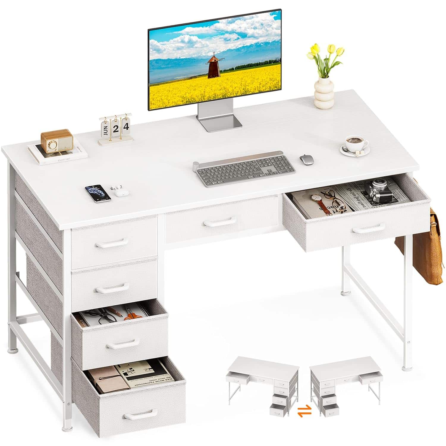 Zell Electronics - 40 Inch DeskSix Drawer Reversible Table with Headphone Hook for Office or Study - White