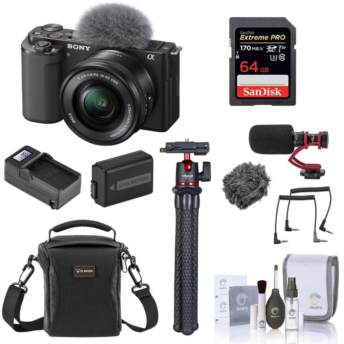 Bundle - Sony - ZV-E10 Mirrorless Vlog Camera with 16-50mm Lens, Black - with 64GB SD Card, Shoulder Bag, Mic, Tripod, Extra