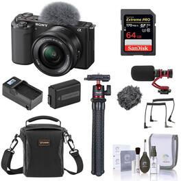 Bundle - Sony - ZV-E10 Mirrorless Vlog Camera with 16-50mm Lens, Black - with 64GB SD Card, Shoulder Bag, Mic, Tripod, Extra