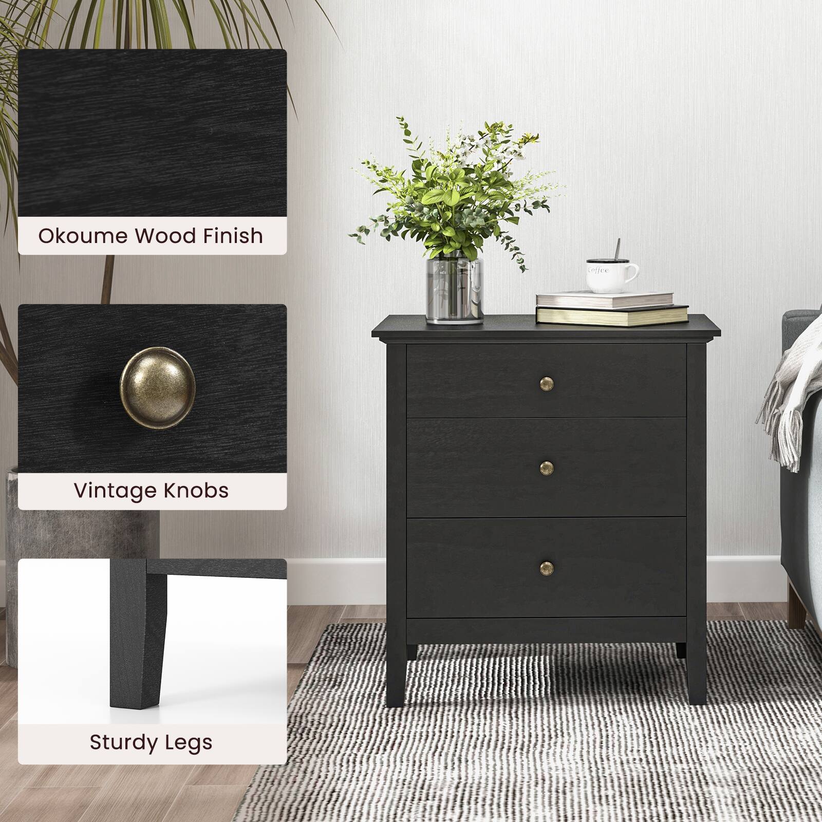 - Okoume Wood Finish
- Vintage Knobs
- Sturdy Legs