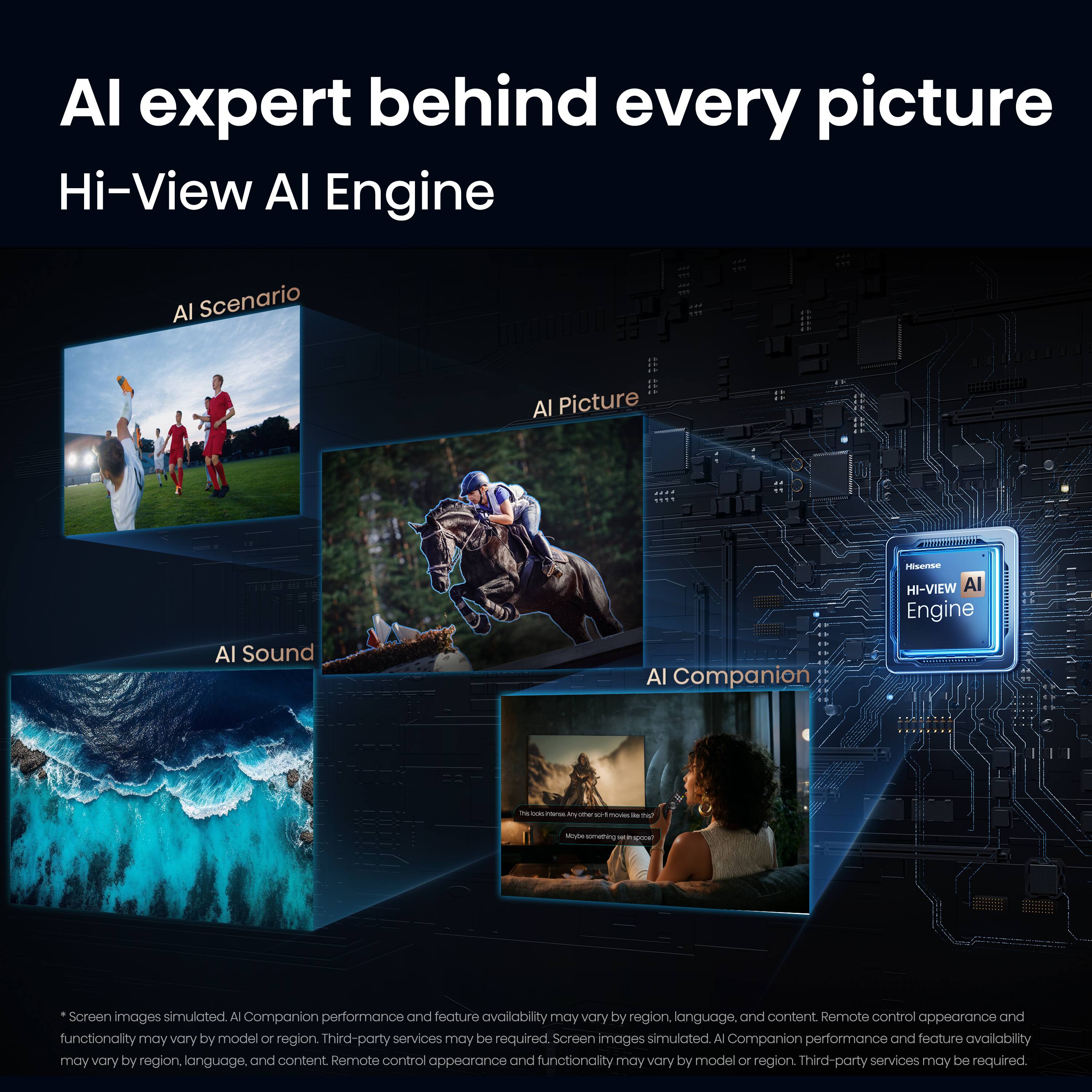 AI expert behind every picture  
Hi-View AI Engine  

AI Scenario  
AI Picture  
AI Sound  
AI Companion  

*Screen images simulated. AI Companion performance and feature availability may vary by region, language, and content. Remote control appearance and functionality may vary by model or region. Third-party services may be required.