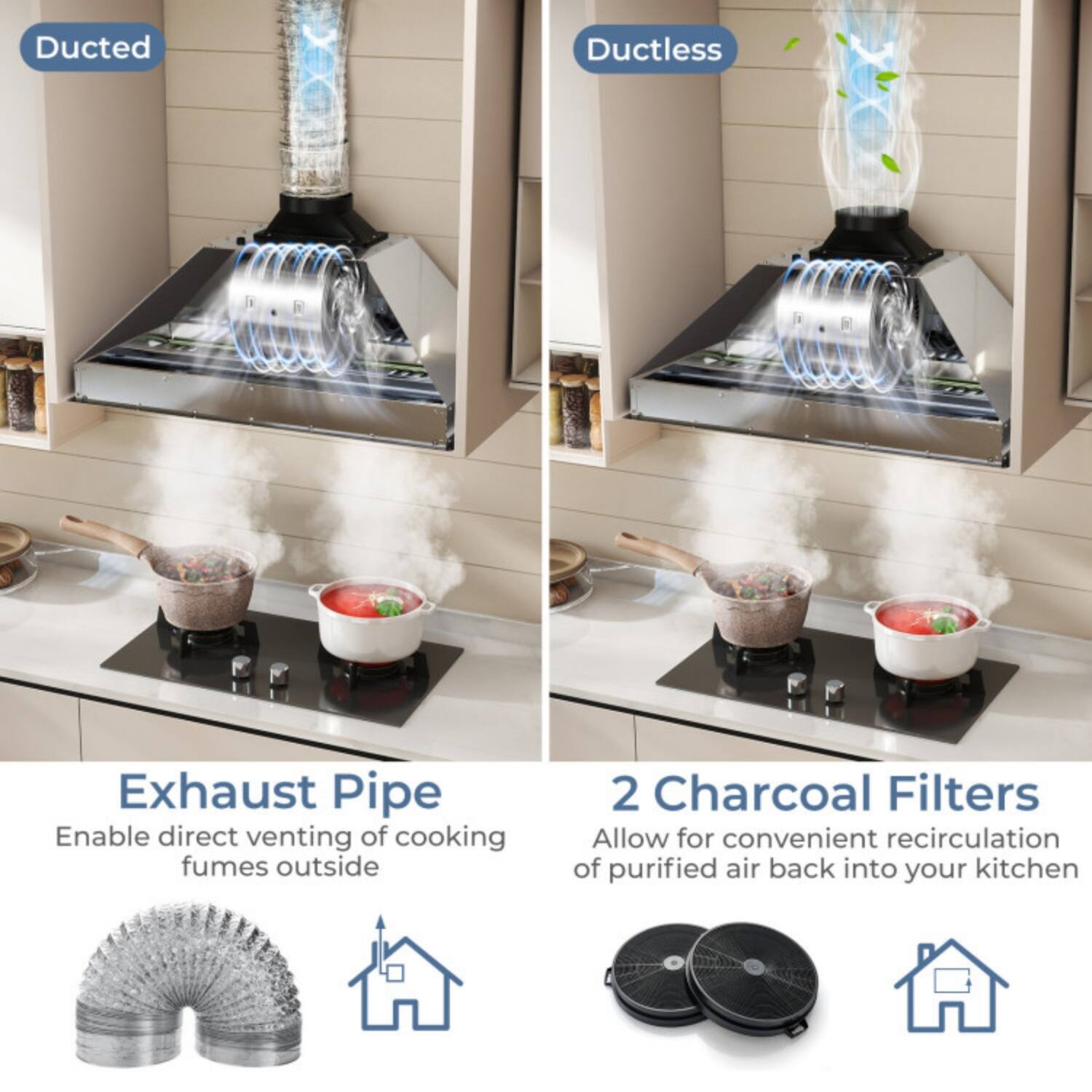 - Ducted
- Ductless

Exhaust Pipe
Enable direct venting of cooking fumes outside

2 Charcoal Filters
Allow for convenient recirculation of purified air back into your kitchen