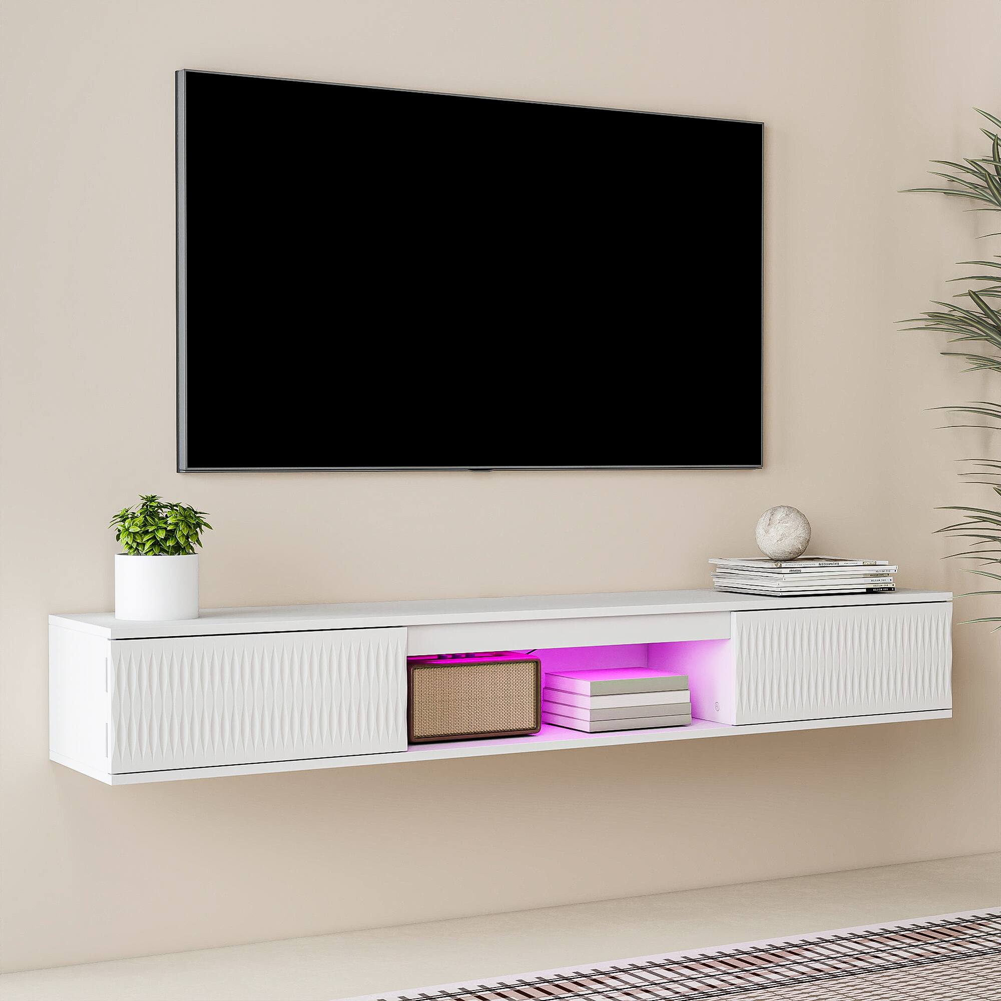 Left. Kadyn - Wall-Mounted Floating TV Stand with LED Lighting and Twisted Texture Design - White.