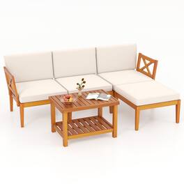 Gymax - 5 PCS Acacia Wood Patio Furniture Set w/ 2-Tier Coffee Table and Cushions - Off White