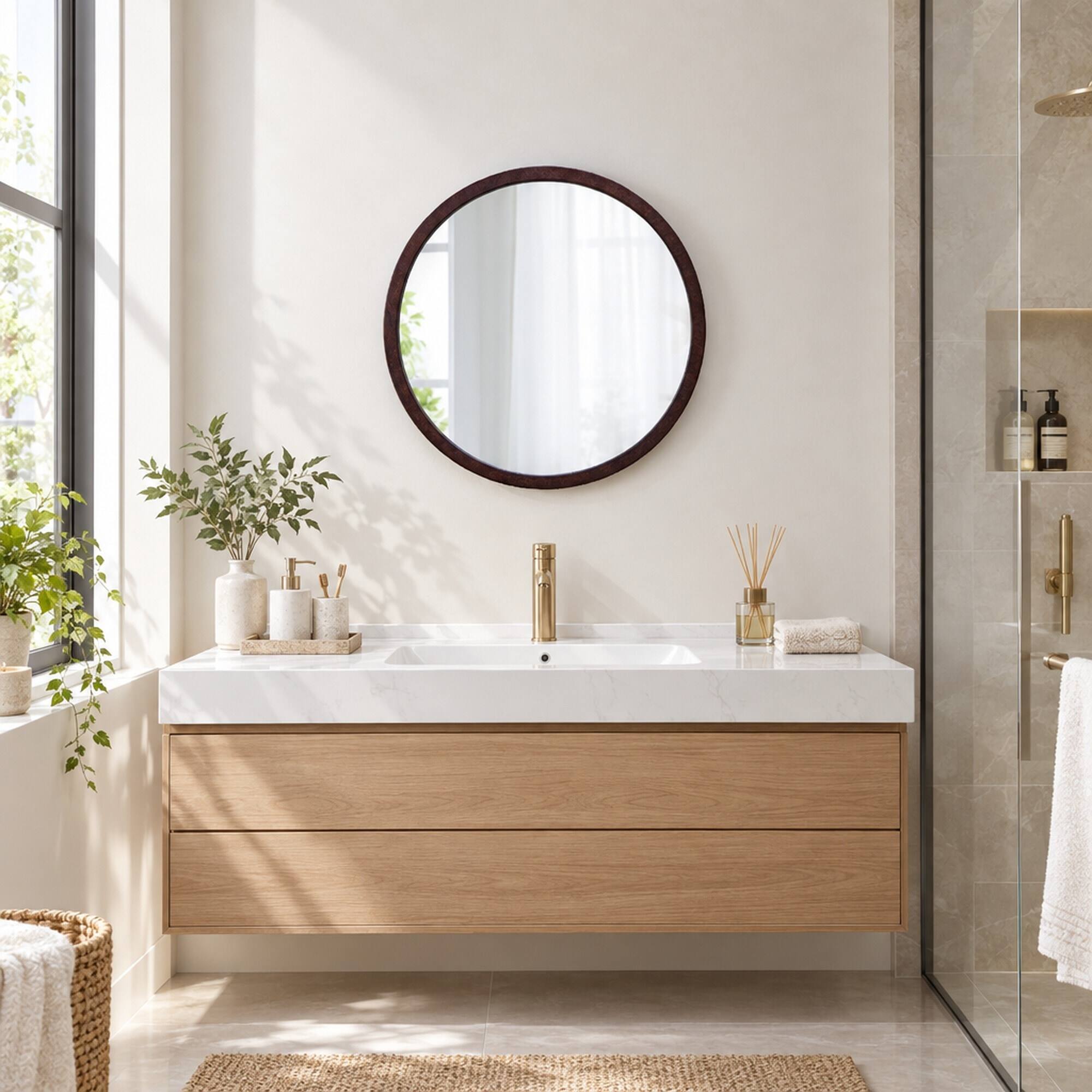 Angle. RYHNUYNE - 20 in Round Wall Mirror, Walnut Finish Wood Frame, 4.2 lbs, Modern Circle Mirror for Living Room and Bedroom - Brown.
