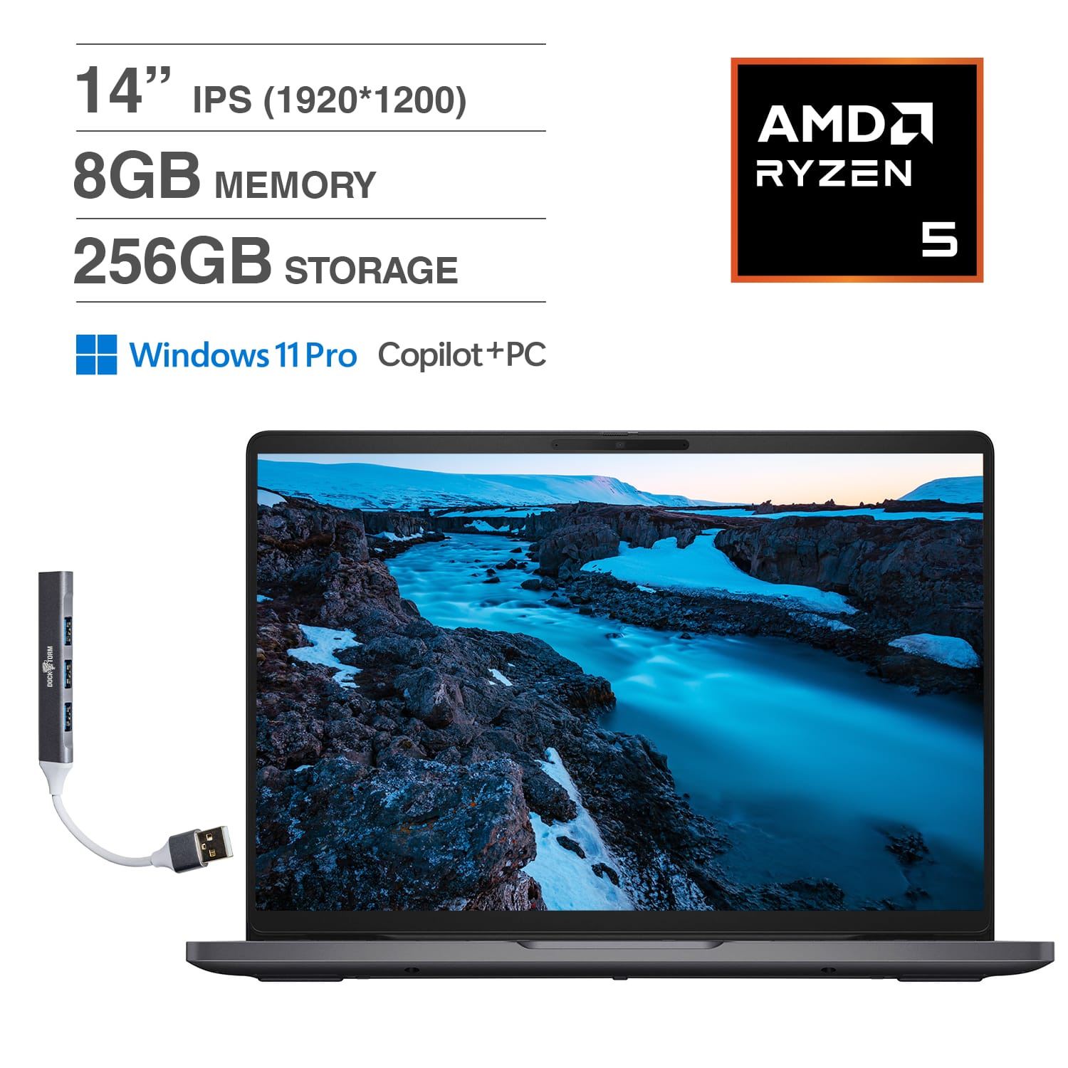 Dell - Pro PC14255 Laptop 14.0 WUXGA (AMD Ryzen 5 220, 8GB DDR5, 256GB M.2 Pcle SSD, Win 11 Pro) w/USB Hub - Black