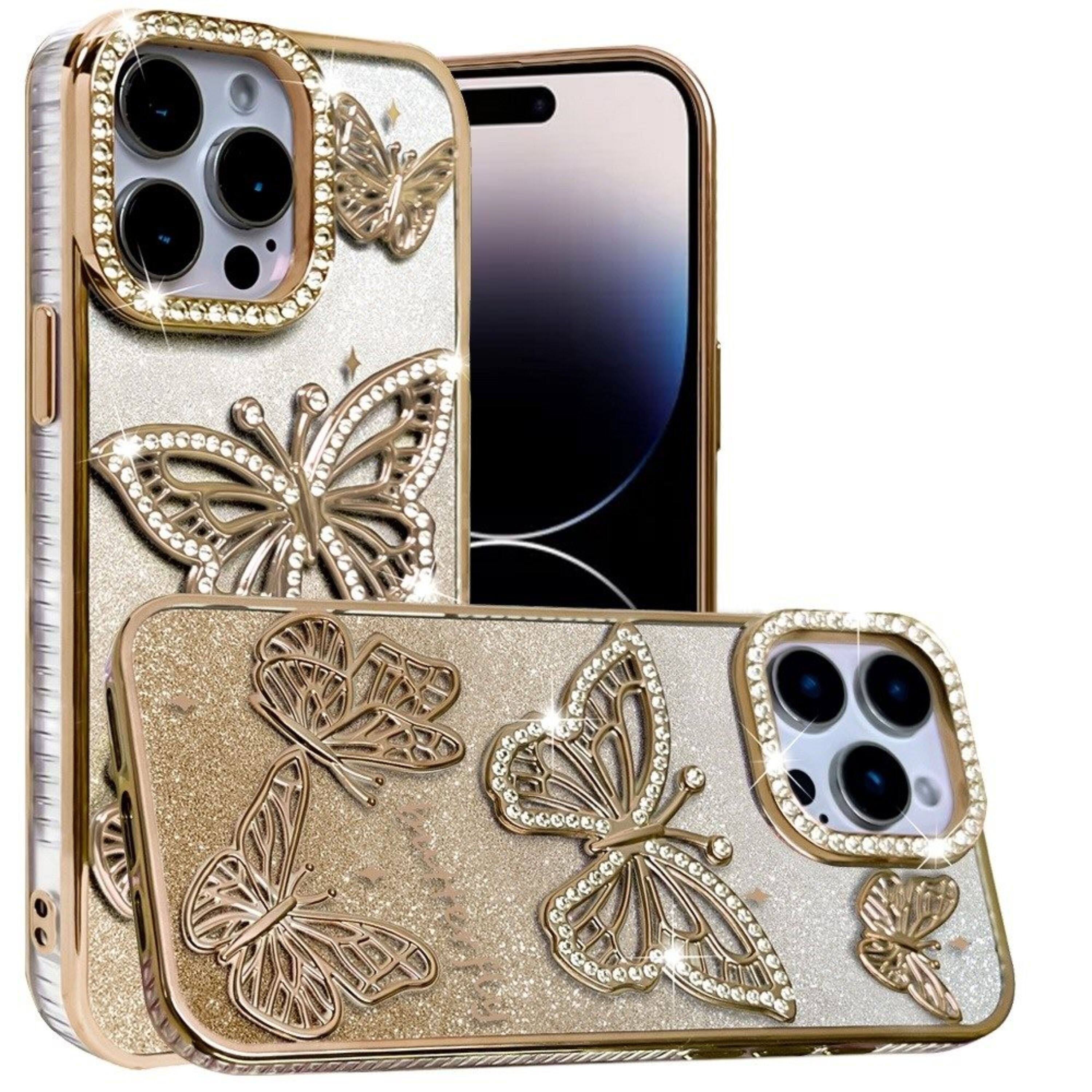 Angle. Kitcheniva - Bling Butterflies 3D Glitter Phone Cover For iPhone 14 Pro Max Gold - Gold.
