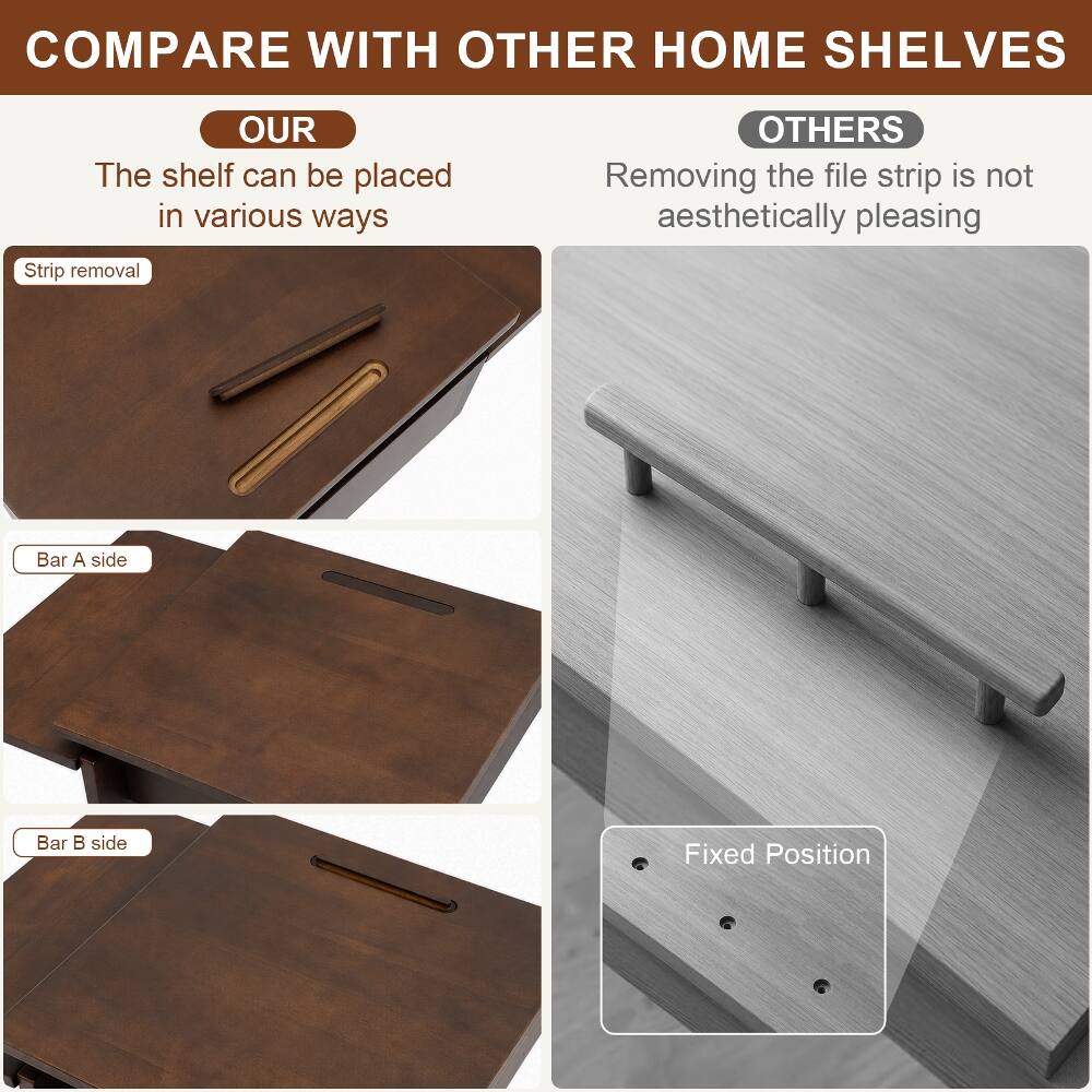 COMPARE WITH OTHER HOME SHELVES

OUR
The shelf can be placed in various ways

OTHERS
Removing the file strip is not aesthetically pleasing

Strip removal
Bar A side
Bar B side
Fixed Position