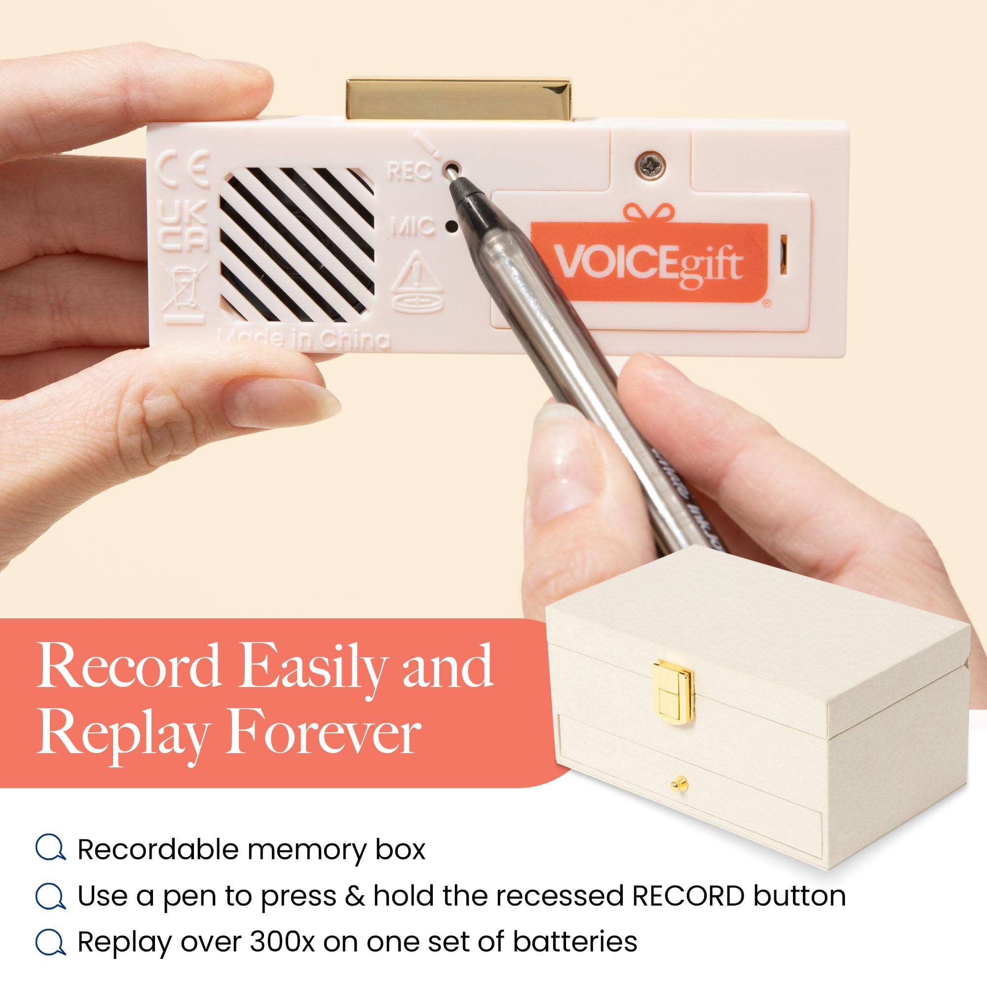 CE UK CA REC MIC I VOICEgift Made in China

Record Easily and Replay Forever

- Recordable memory box
- Use a pen to press & hold the recessed RECORD button
- Replay over 300x on one set of batteries