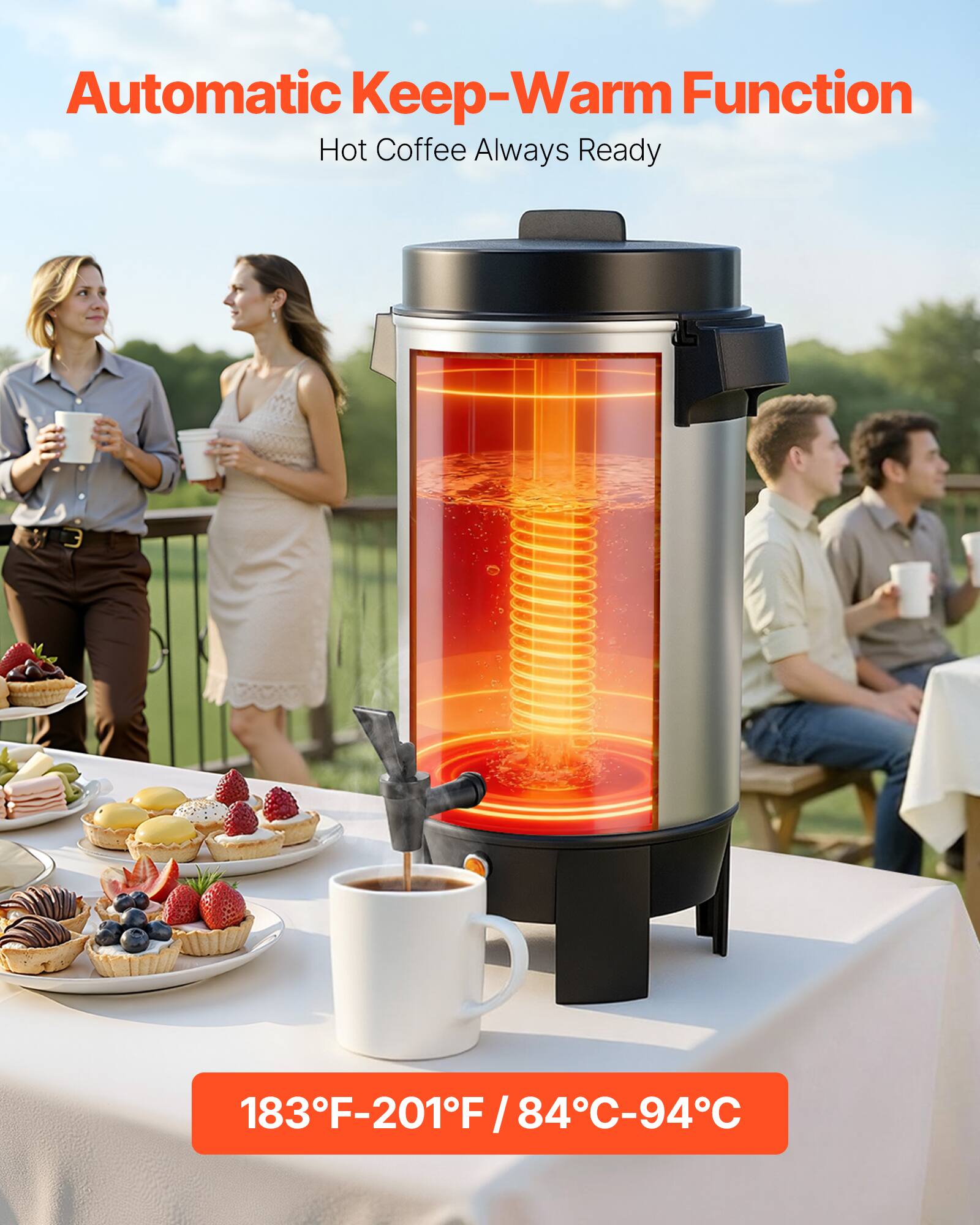 Automatic Keep-Warm Function  
Hot Coffee Always Ready  

183°F-201°F / 84°C-94°C