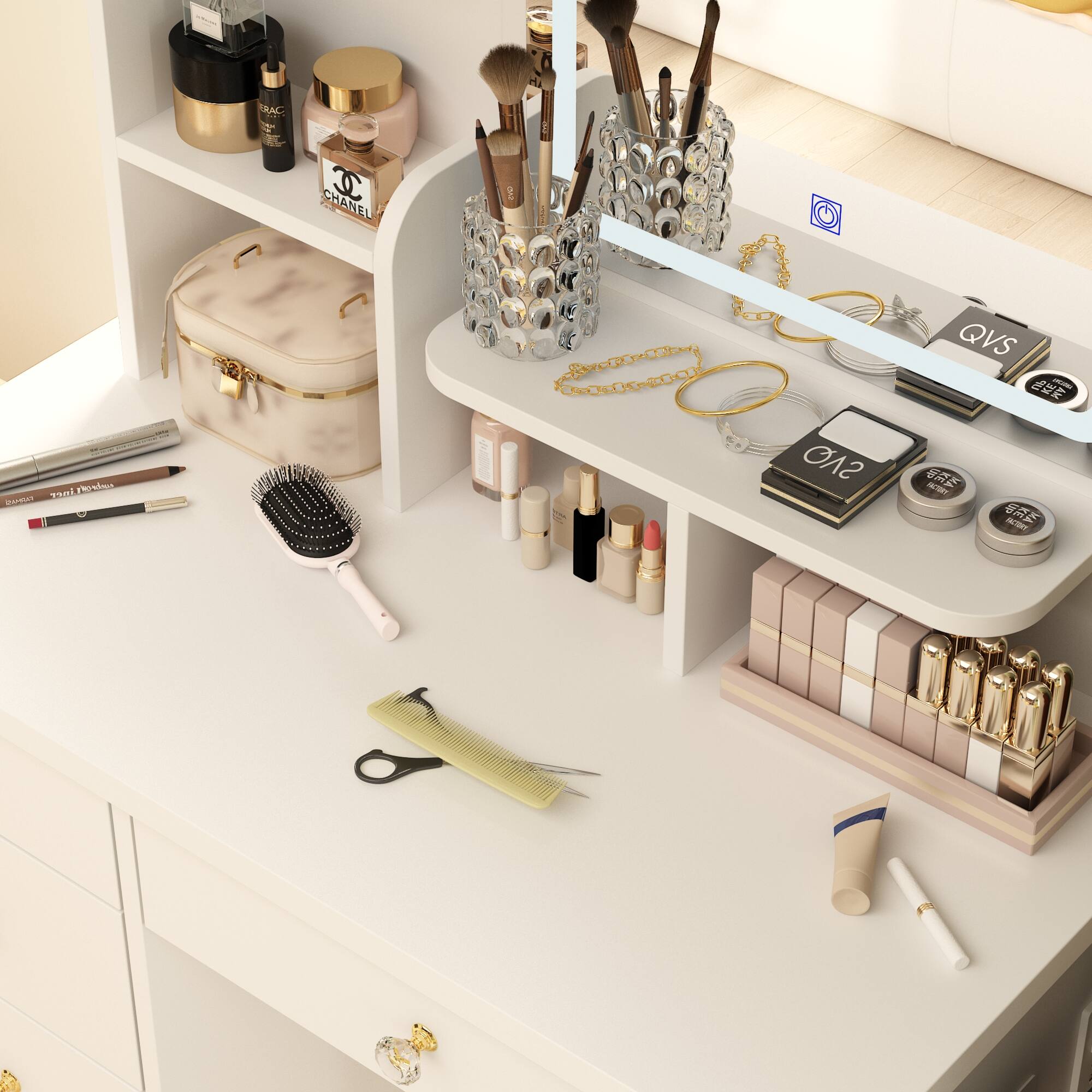 The text in the image appears to be a mix of brand names and product labels. Here is the corrected and grouped text:

- TRAC
- FOu CHANEL
- 3sel
- Ps
- PAIS
- QVS
- QVS
- - E - AE -

This seems to be a collection of brand names and product labels, possibly from a makeup or beauty product advertisement.