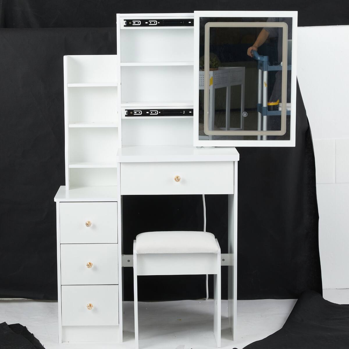 Alt View 1. Loheer - Loheer Small Makeup Vanity with LED Mirror, White, 29.2 Inch, Padded Stool - White.
