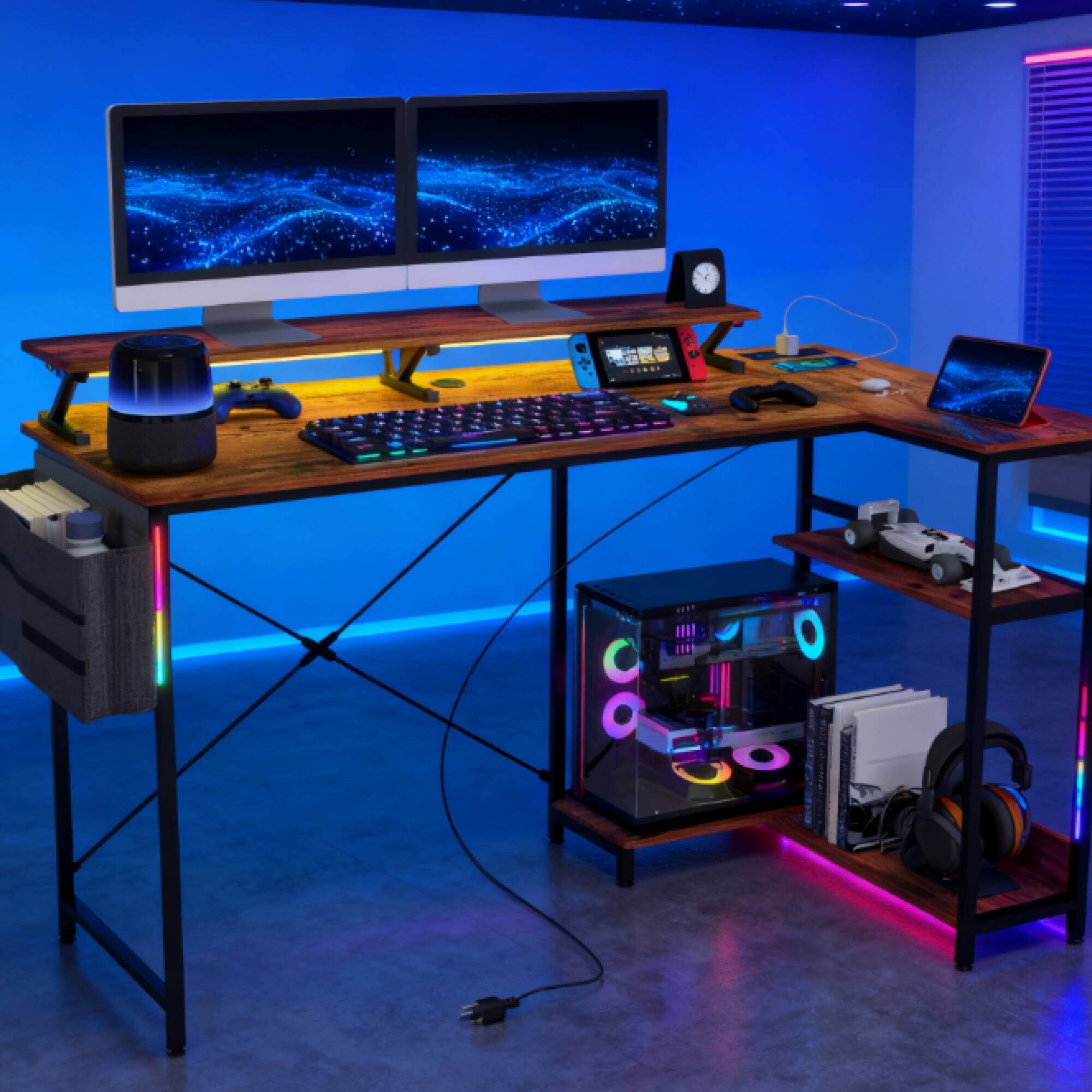 Alt View 4. GOODSILO - Reversible L-Shaped Corner Computer Desk with Integrated Monitor Stand, Power Station, and RGB LED Lighting - Rustic Brown.