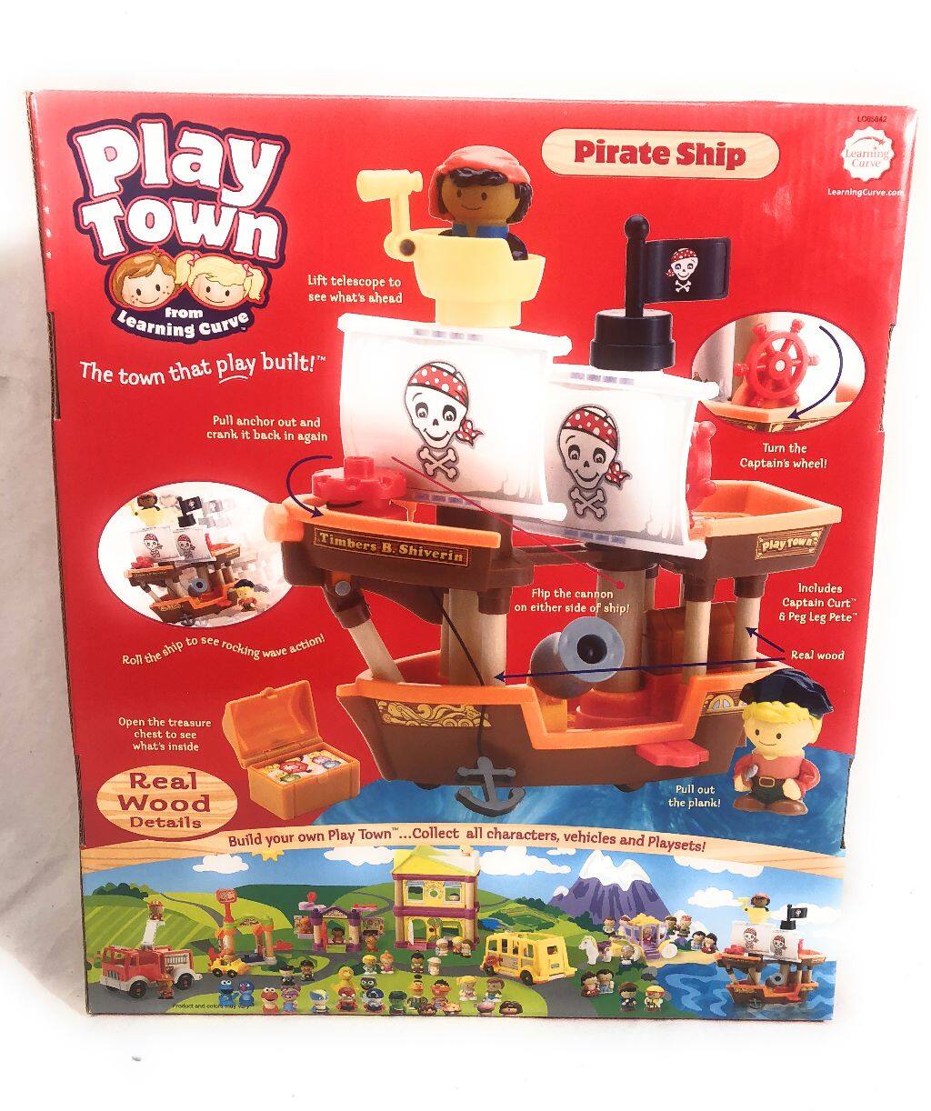 Play Town  
from Learning Curve  
The town that play built!

Pirate Ship

- Lift telescope to see what's ahead
- Pull anchor out and crank it back in again
- Turn the Captain's wheel
- Roll the ship to see rocking wave action!
- Flip the cannon on either side of ship!
- Open the treasure chest to see what's inside
- Pull out the plank!
- Includes Captain Curt & Peg Leg Pete
- Real wood

Real Wood Details

Build your own Play Town! ...Collect all characters, vehicles and Playsets!

LearningCurve.com