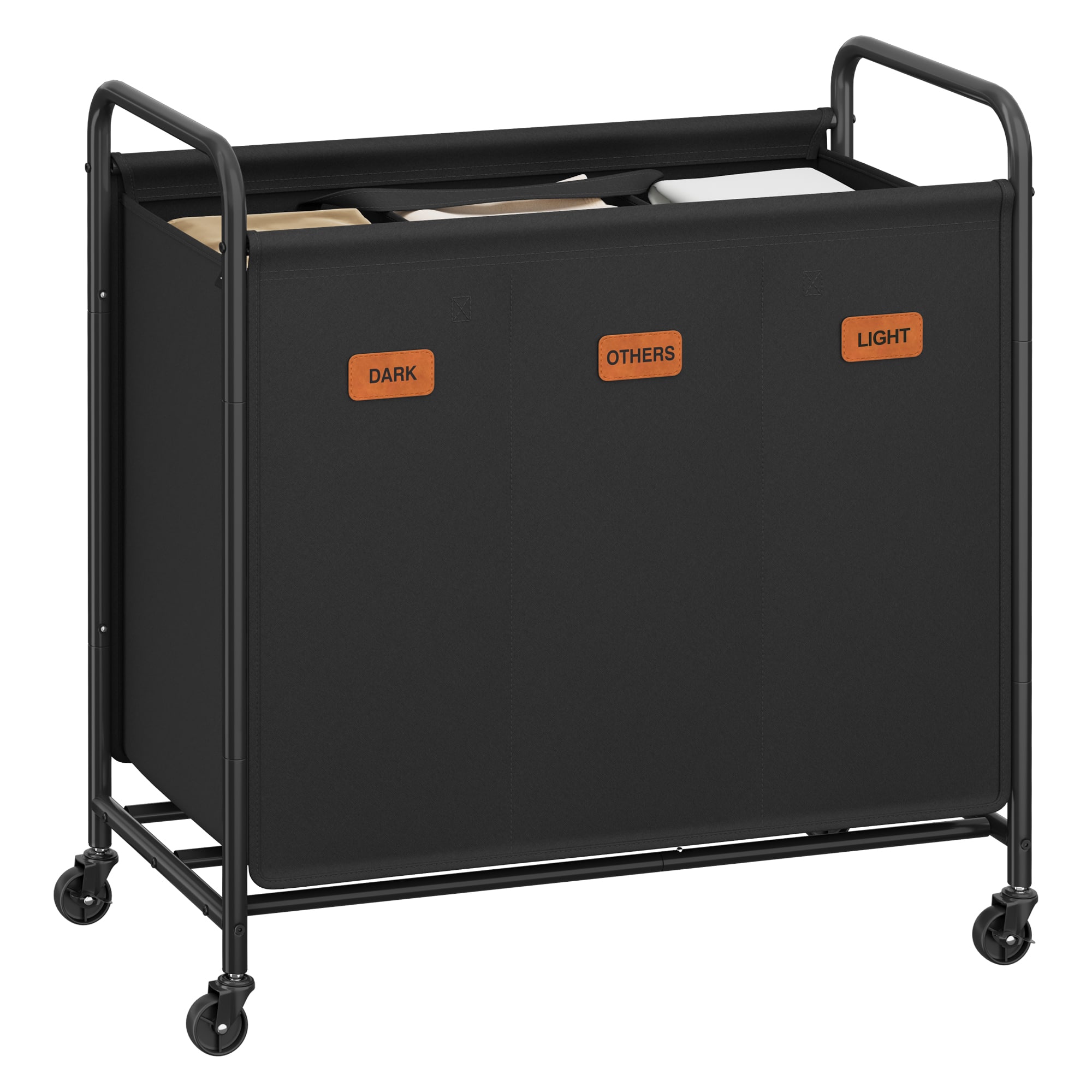 Songmics Home - 3-Section Laundry Sorter, Laundry Hamper with Wheels, Rolling Clothes Hamper Cart with Large Capacity and Removable Bags - Ink Black