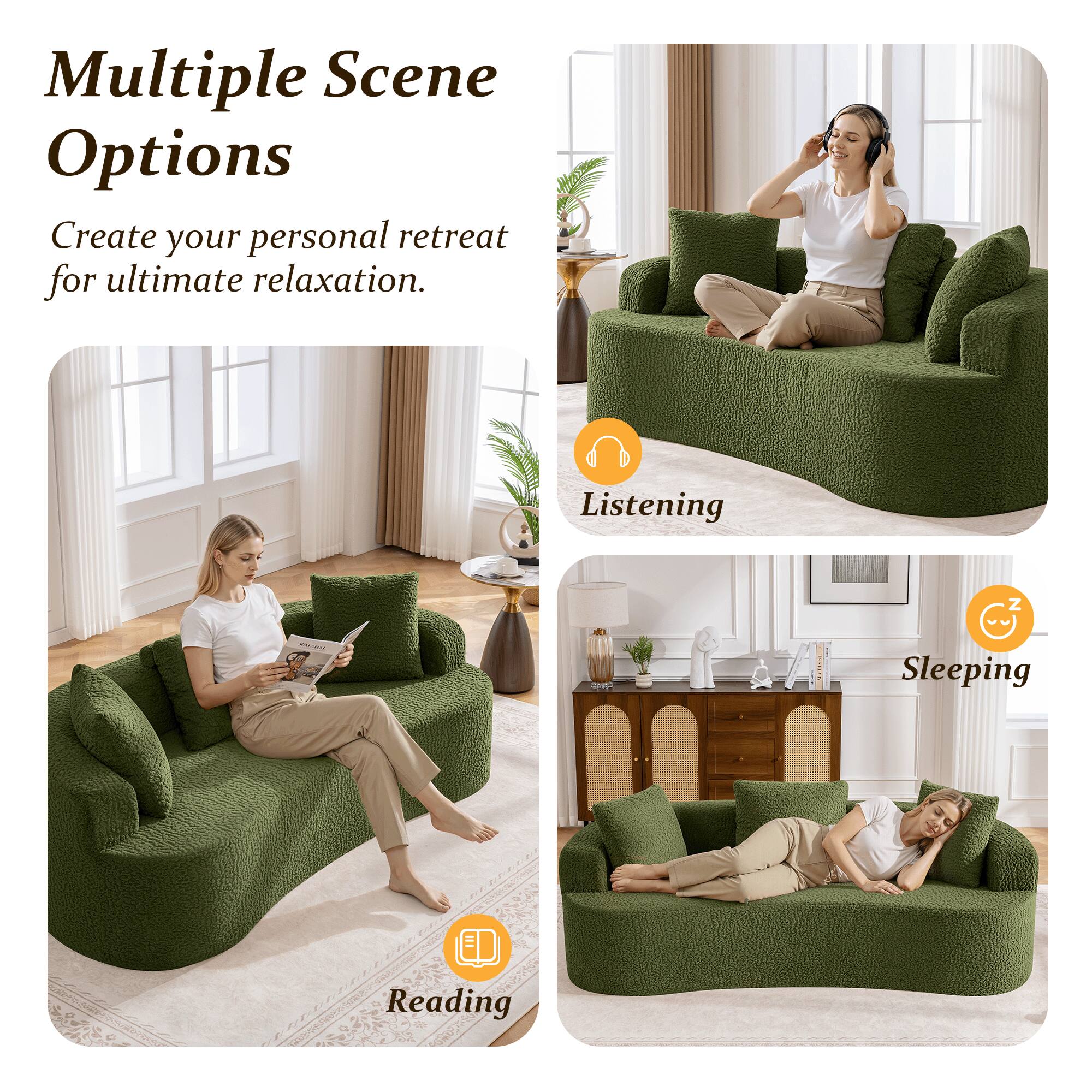 Multiple Scene Options  
Create your personal retreat for ultimate relaxation.  

Listening  
Reading  
Sleeping