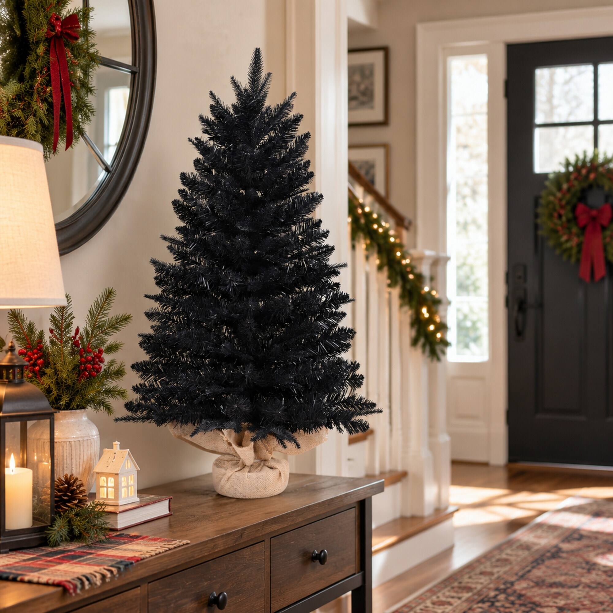 Alt View 1. RYHNUYNE - 2FT Black Artificial Christmas Tree With 159 Tips and Cement Burlap Base, for Halloween and Christmas - Black.
