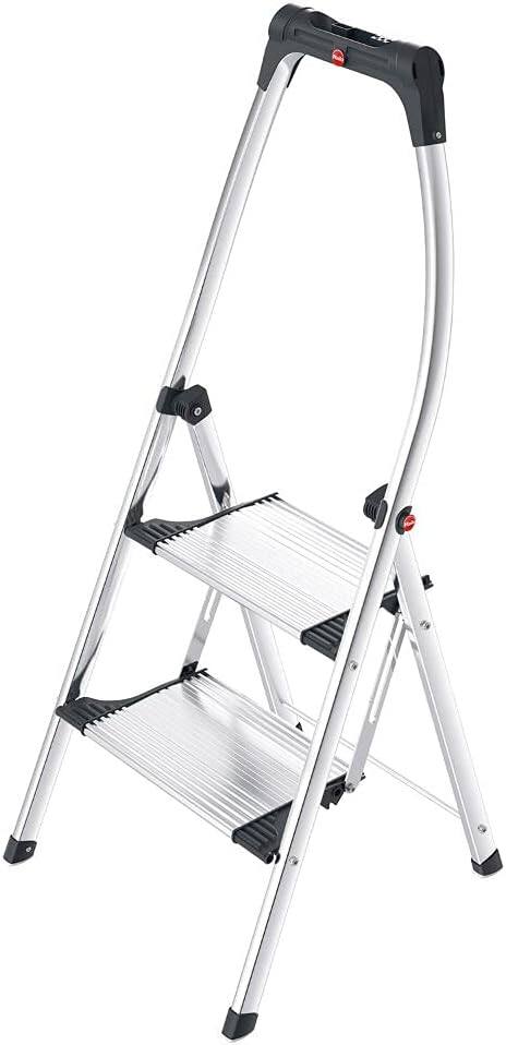 Angle. Hailo - 2-Step Aluminum Stool with Safety Bar - Silver.