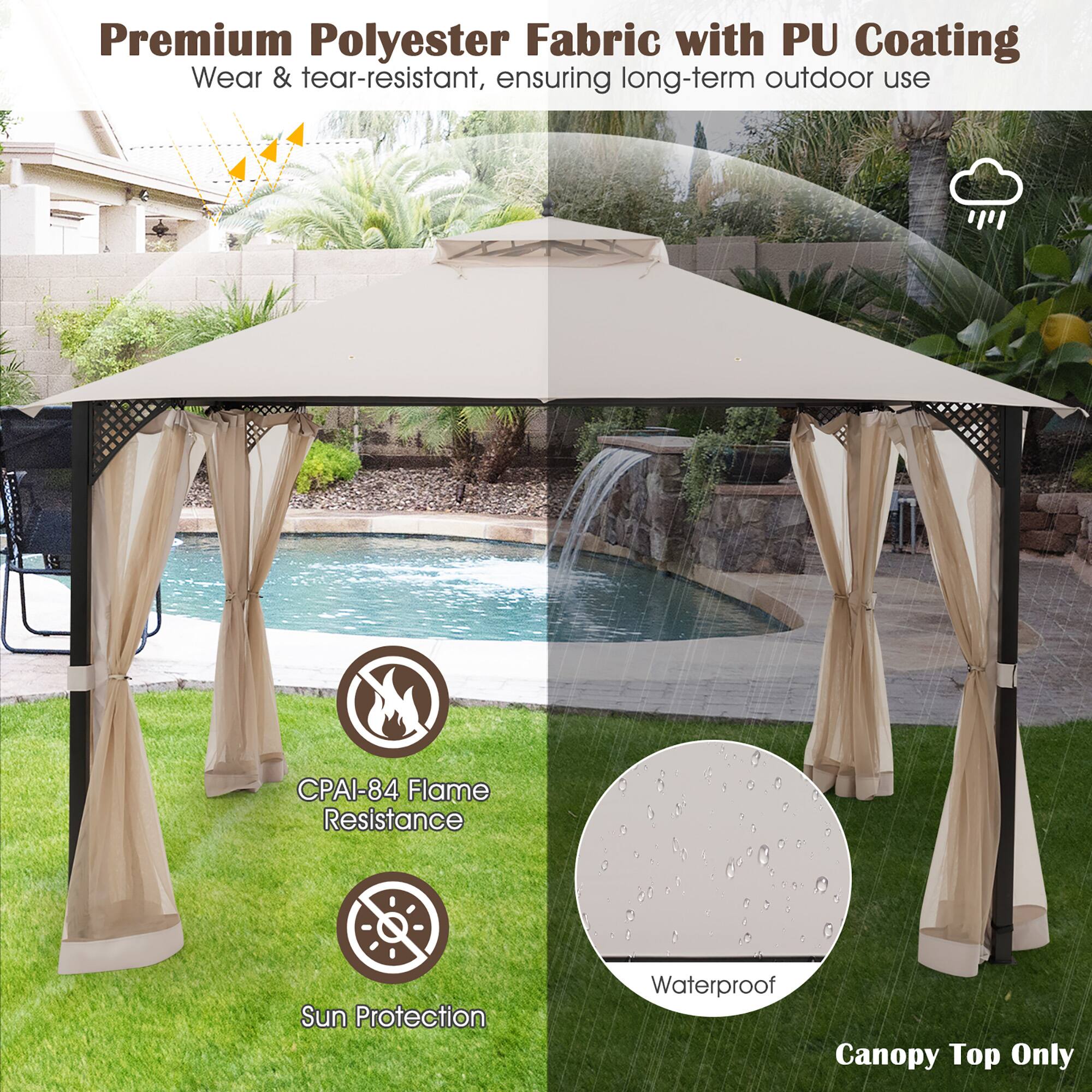Premium Polyester Fabric with PU Coating  
Wear & tear-resistant, ensuring long-term outdoor use  

- CPAI-84 Flame Resistance  
- Sun Protection  
- Waterproof  

Canopy Top Only