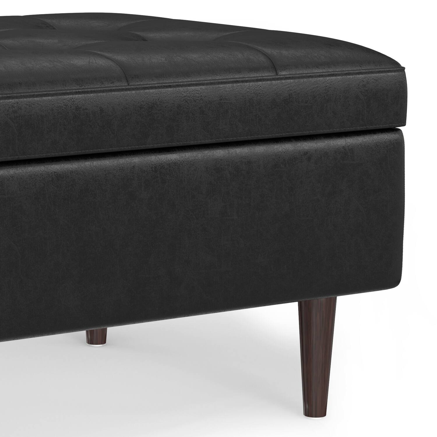 Alt View 5. Simpli Home - Shay 34 inch Wide Mid Century Modern Rectangle Coffee Table Storage Ottoman in Distressed Black Faux Leather, Assembled - Distressed Black.