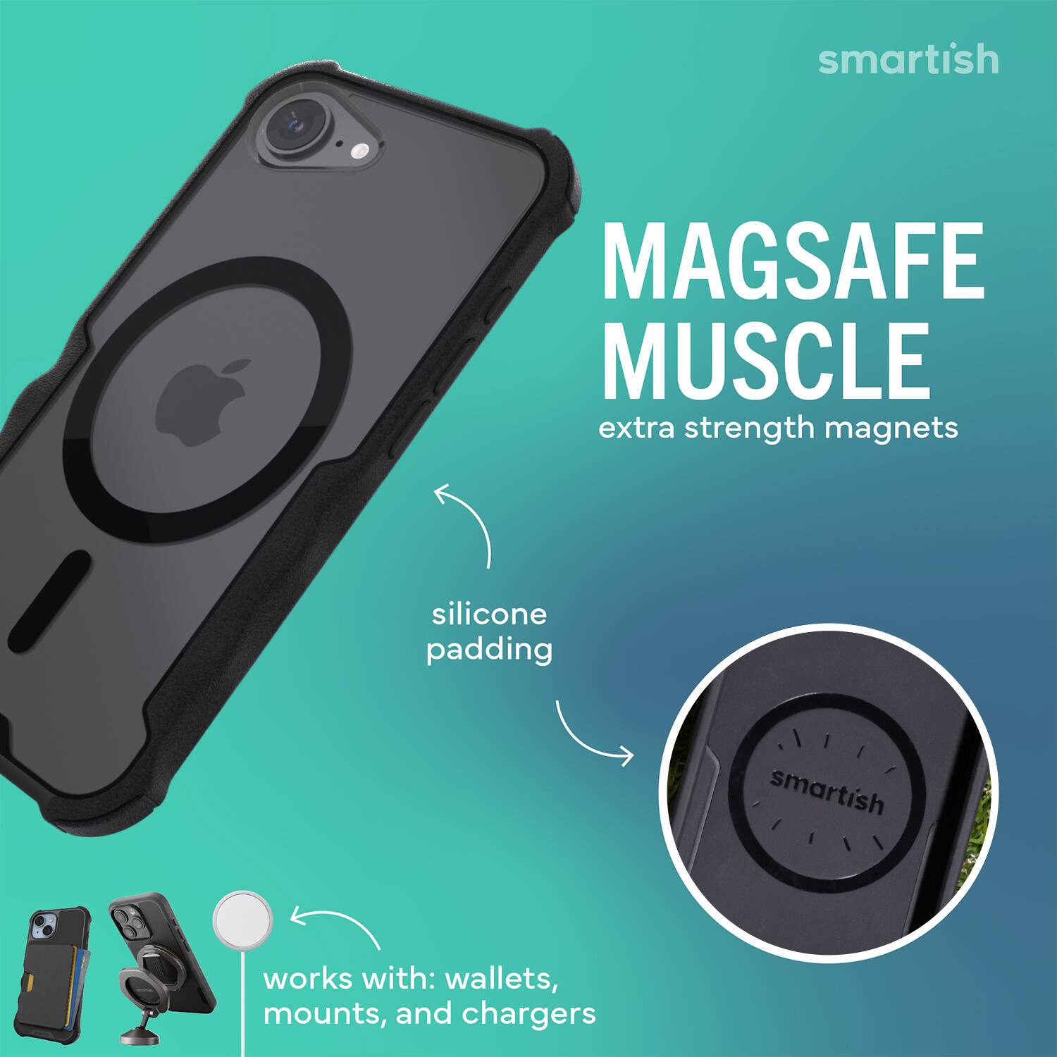 smartish MAGSAFE MUSCLE extra strength magnets silicone padding smartish works with: wallets, mounts, and chargers