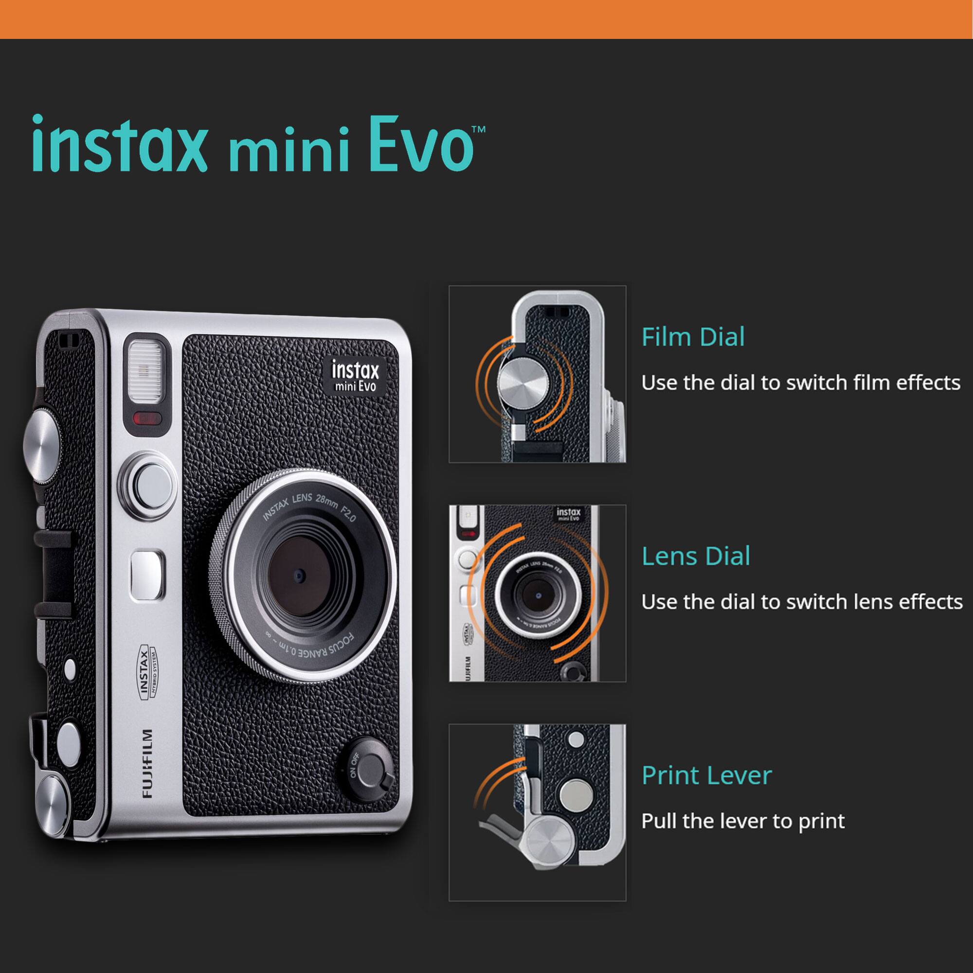 instax mini Evo™

Film Dial
Use the dial to switch film effects

Lens Dial
Use the dial to switch lens effects

Print Lever
Pull the lever to print