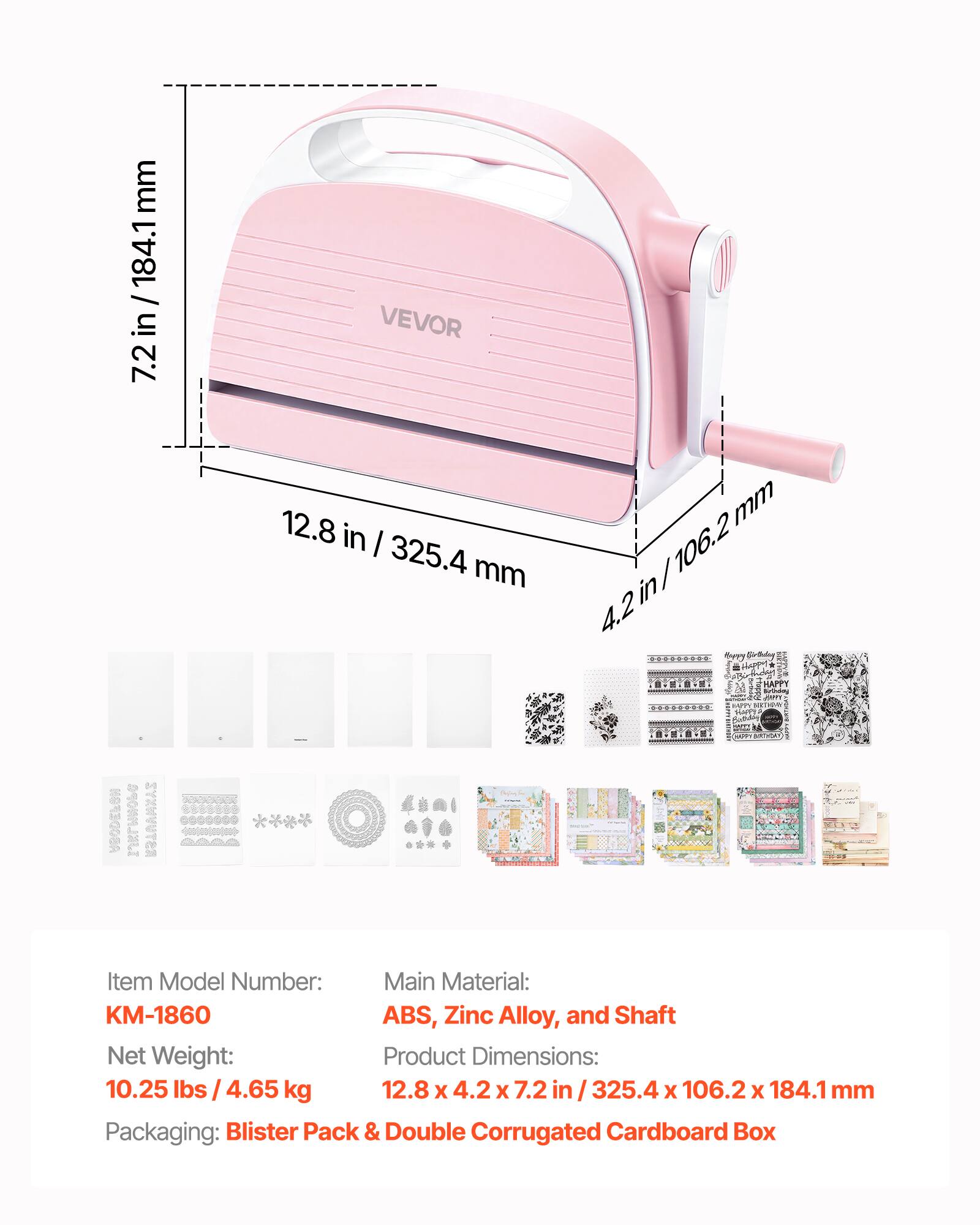 mm 184.1 in / 184.1 / in / 7.2 VEVOR 12.8 in I 325.4 mm mm I 106.2 in 4.2 HAFT ng N  ABODEFOH IJKLMHOPA

Item Model Number: KM-1860
Main Material: ABS, Zinc Alloy, and Shaft
Net Weight: 10.25 lbs / 4.65 kg
Product Dimensions: 12.8 x 4.2 x 7.2 in / 325.4 x 106.2 x 184.1 mm
Packaging: Blister Pack & Double Corrugated Cardboard Box