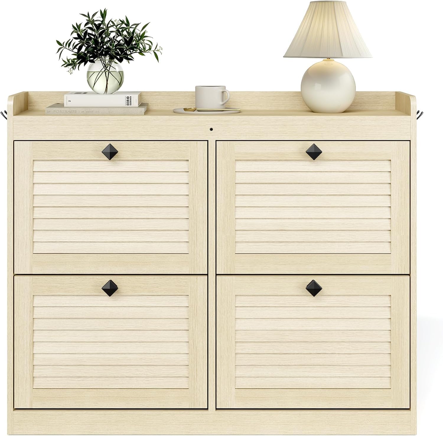 Alt View 2. Babevy - Oak Large Rattan Shoe Storage Cabinet with 4 Flip Drawers, Freestanding Narrow Rack with Wooden Legs - Oak.