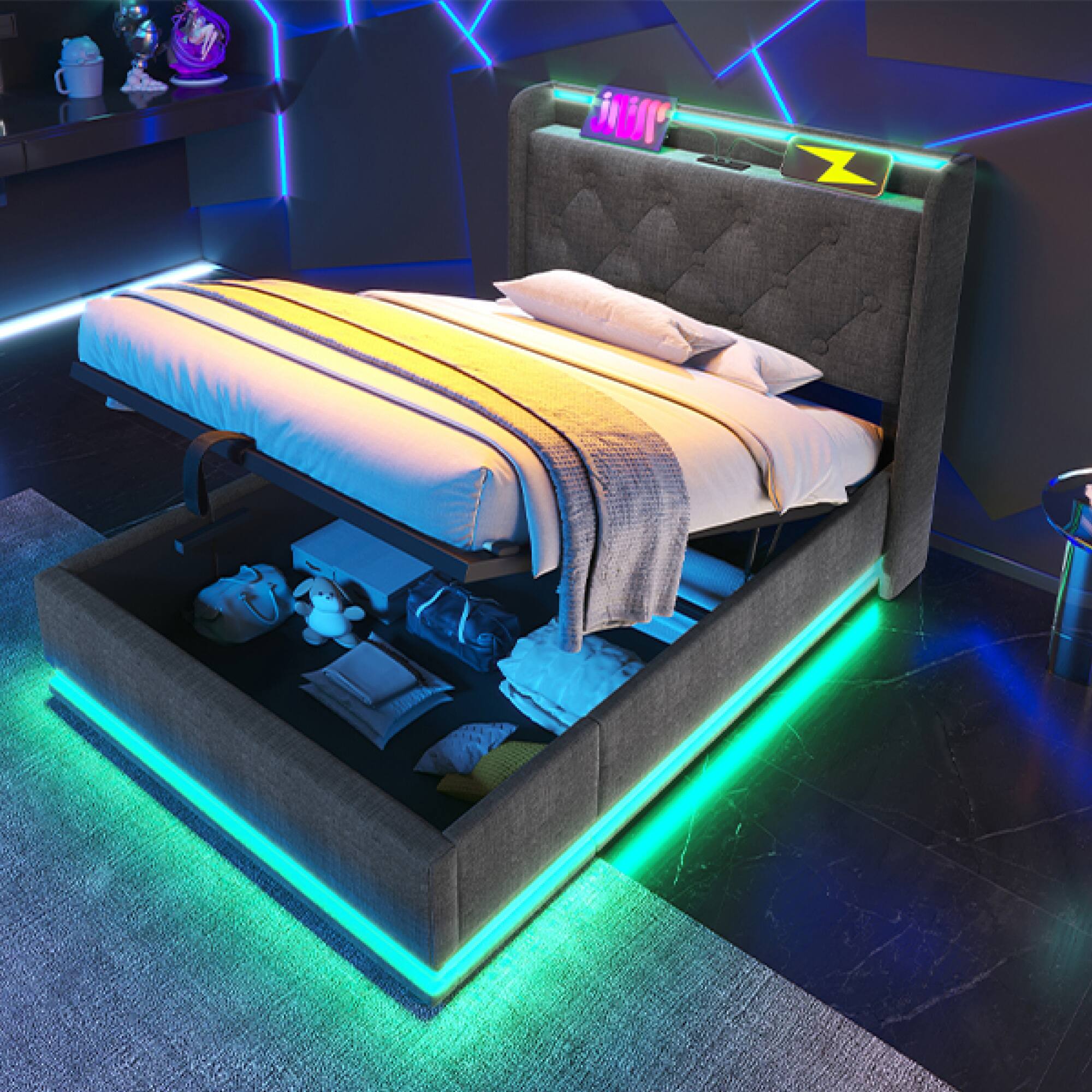 Alt View 7. GOODSILO - Twin Size Upholstered Bed Frame with LED Lighting and Hydraulic Storage - Gray.