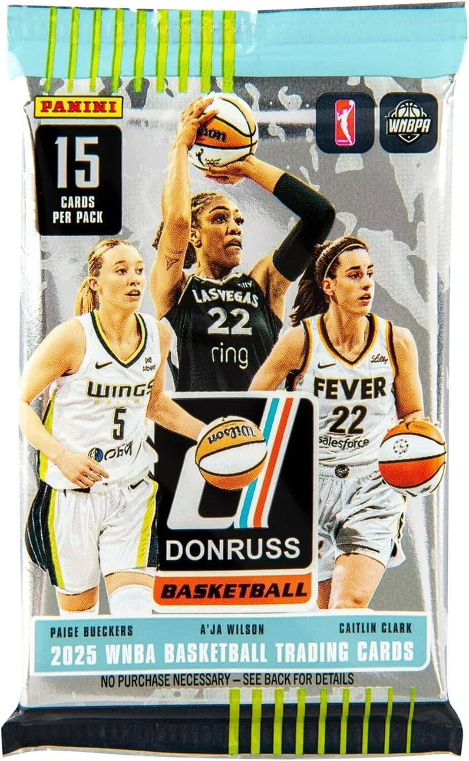 PANINI  
15 CARDS PER PACK  
501 WNBPA  
LAS VEGAS 22  
Albet x ring  
WINGS 5  
Wilson  
FEVER 22  
salesforce  
DONRUSS BASKETBALL  
PAIGE BUECKERS  
A'JA WILSON  
CAITLIN CLARK  
2025 WNBA BASKETBALL TRADING CARDS  
NO PURCHASE NECESSARY - SEE BACK FOR DETAILS