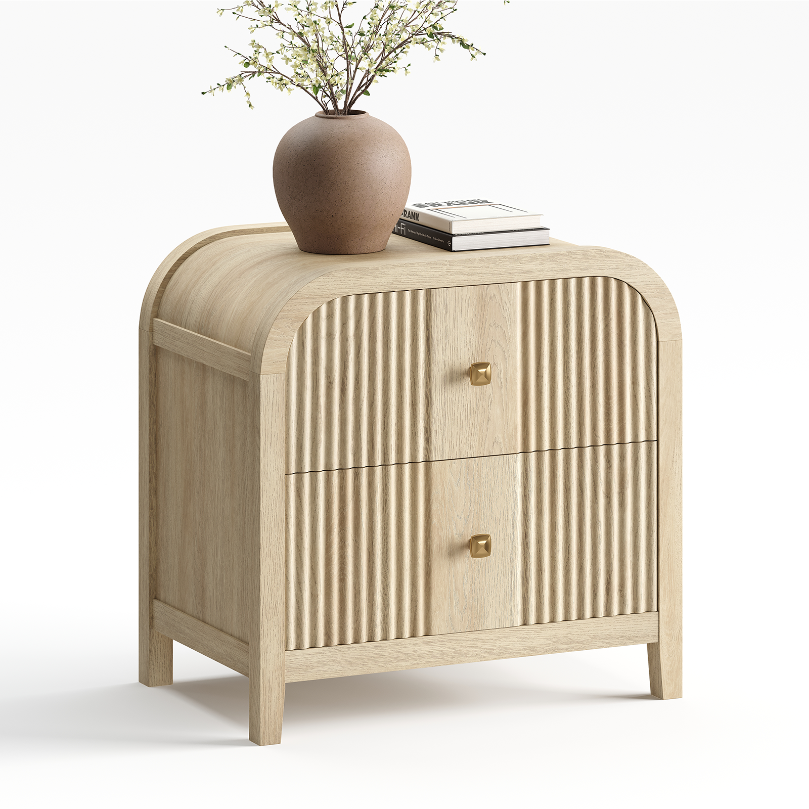 Alt View 5. ModernMate - Nightstand with 2 Drawers Fluted Modern Wood 24" Nightstand End Table for Bedroom Living Room - Natural Oak.