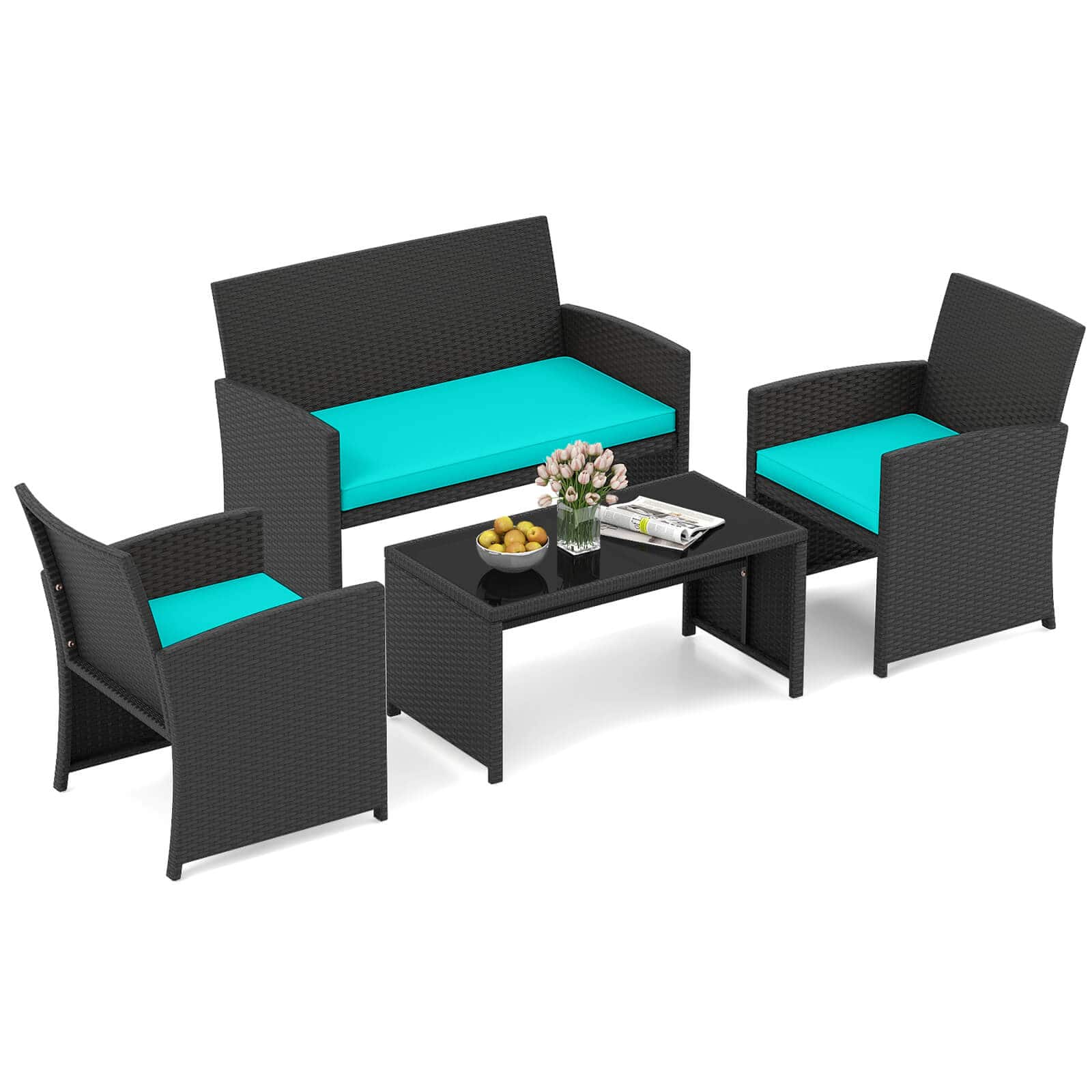 Costway - 4 PCS Patio Conversation Set with Seat Cushions & Tempered Glass Tabletop, Porch - Turquoise,Black price history on PriceWatchPro