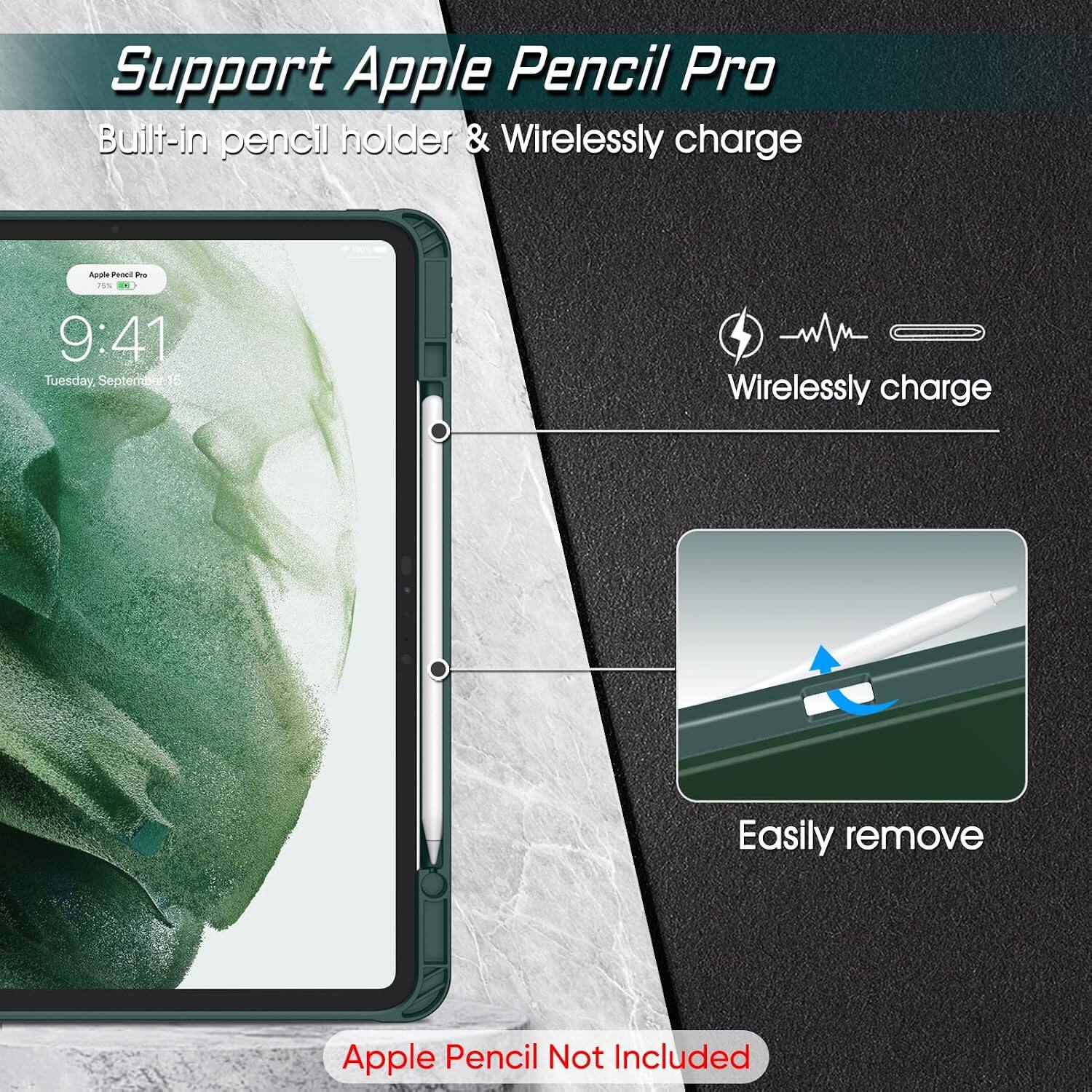 Support Apple Pencil Pro  
Built-in pencil holder & Wirelessly charge  

Apple Pencil Pro  
75%  
9:41 Tuesday, September 15  

Wirelessly charge  
Easily remove  

Apple Pencil Not Included