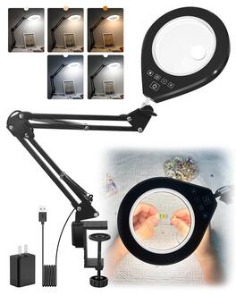 TECH SAFARI - Lighted Magnifying Glass With Light Dimmable Magnifier Lamp Adjustable Level Brightness And Color Desktop - White
