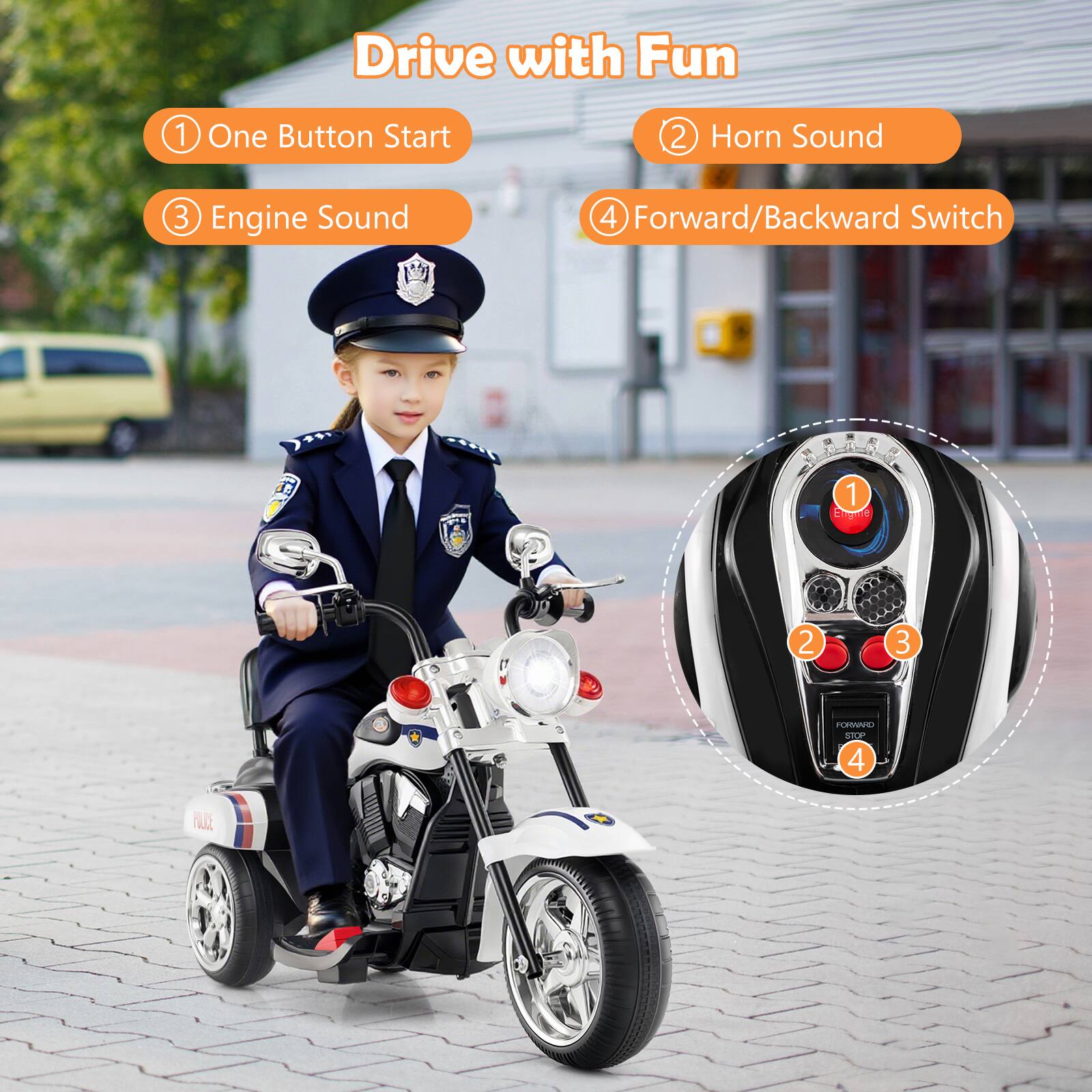 Drive with Fun

1. One Button Start
2. Horn Sound
3. Engine Sound
4. Forward/Backward Switch