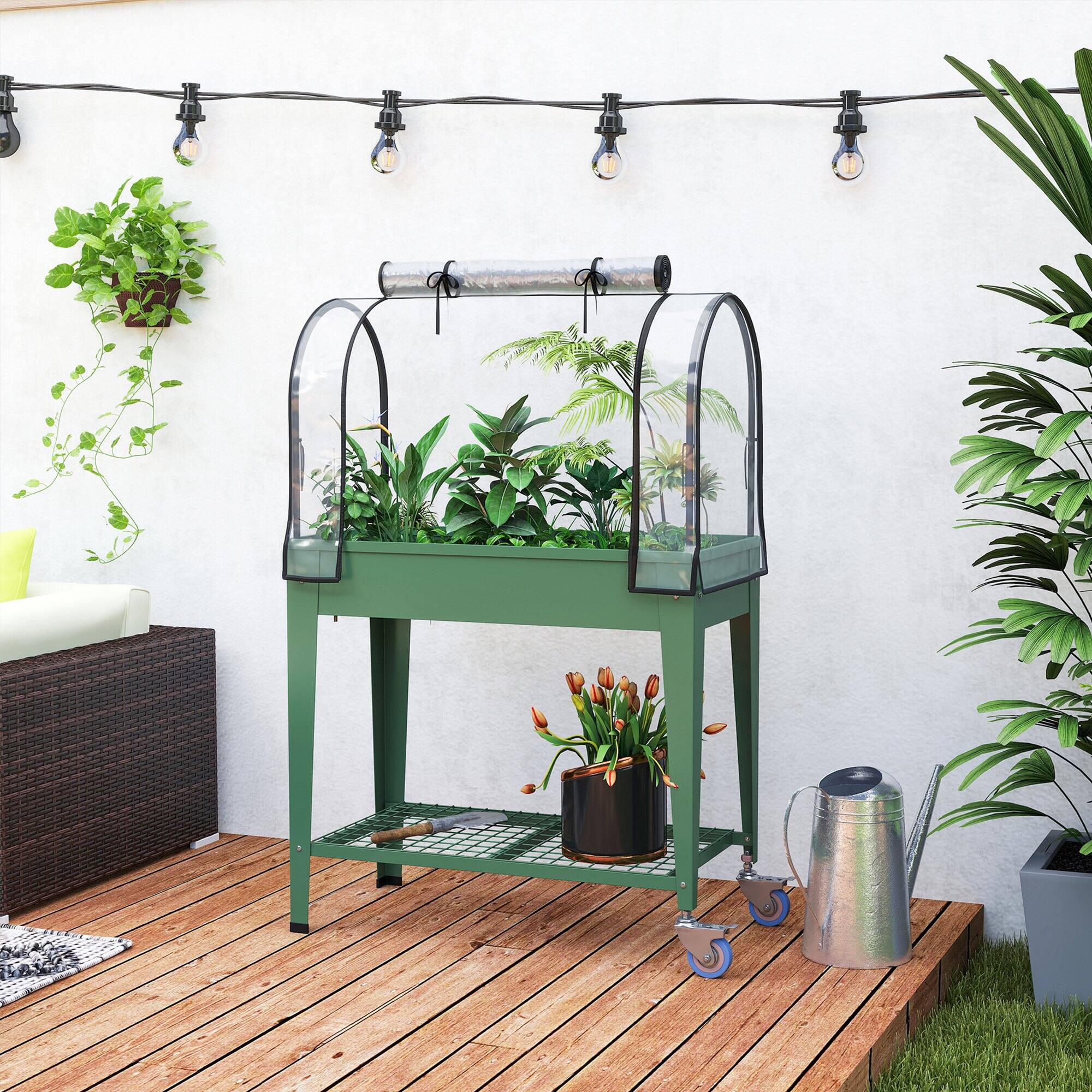 Alt View 8. Outsunny - Raised Garden Bed with Greenhouse Cover, Large Metal Outdoor Elevated Planter Box with Lockable Wheels.
