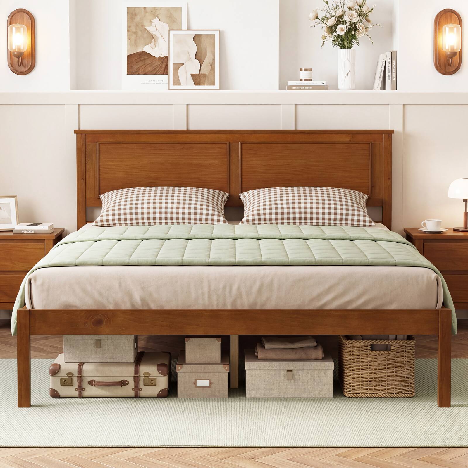 Alt View 4. Gymax - Gymax Full Size Bed Frame Farmhouse Wooden Platform Bed w/Headboard Under-Bed Storage - Brown.