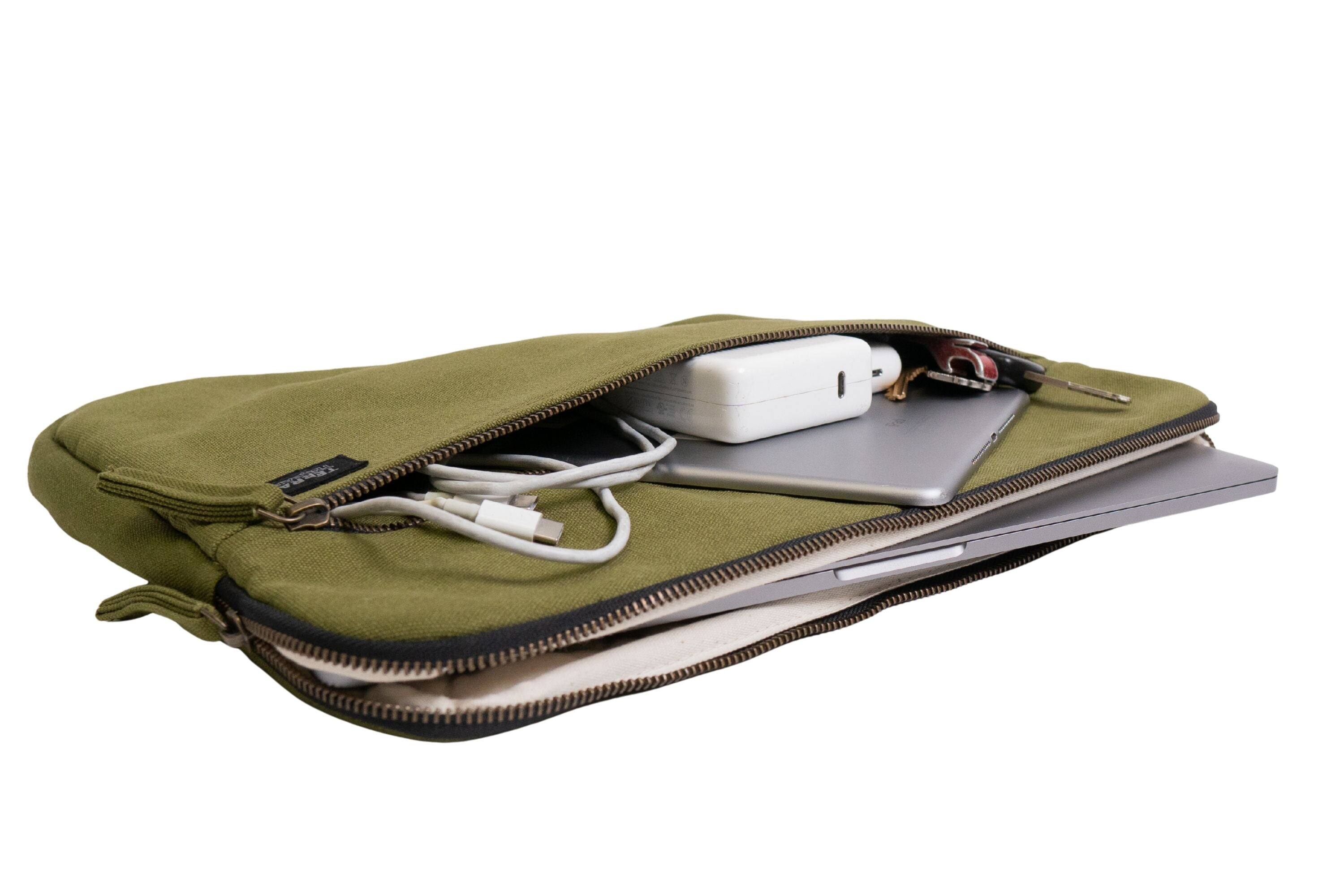 Left. Terra Thread - Organic Cotton Laptop Sleeve 15 inches - Olive Green.
