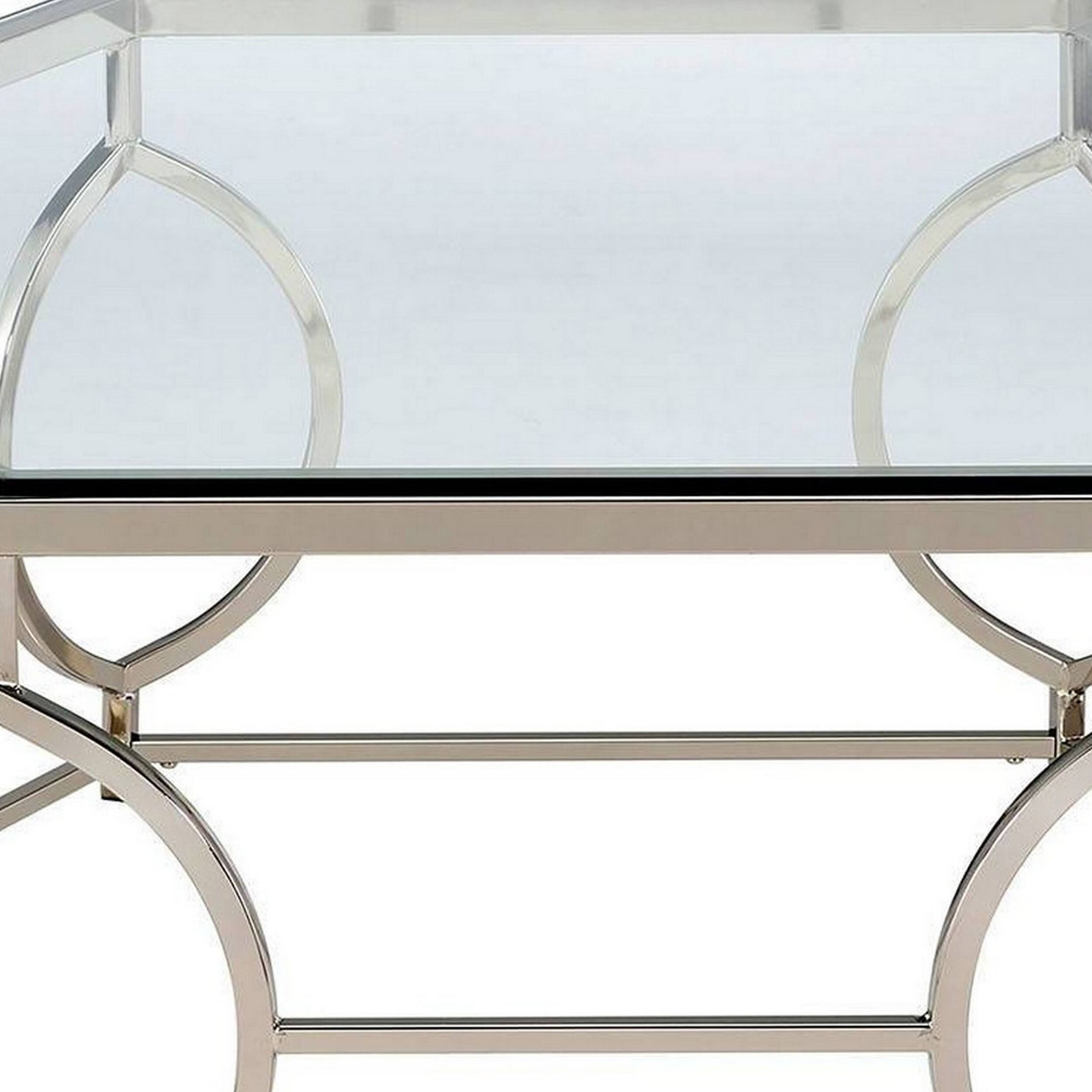 Alt View 3. Manhattan Lane - Slade 40 Inch Coffee Table, Hexagonal Glass Top, Geometric Base, Chrome - Chrome.