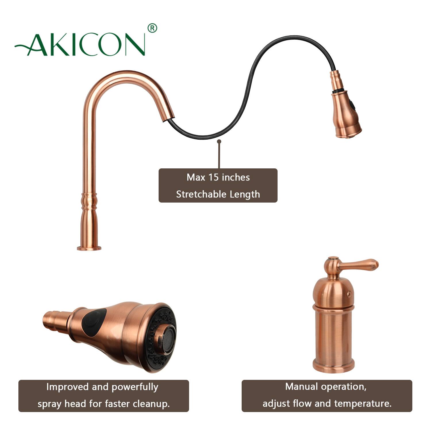 AKICON®

- Max 15 inches Stretchable Length
- Improved and powerfully spray head for faster cleanup
- Manual operation, adjust flow and temperature