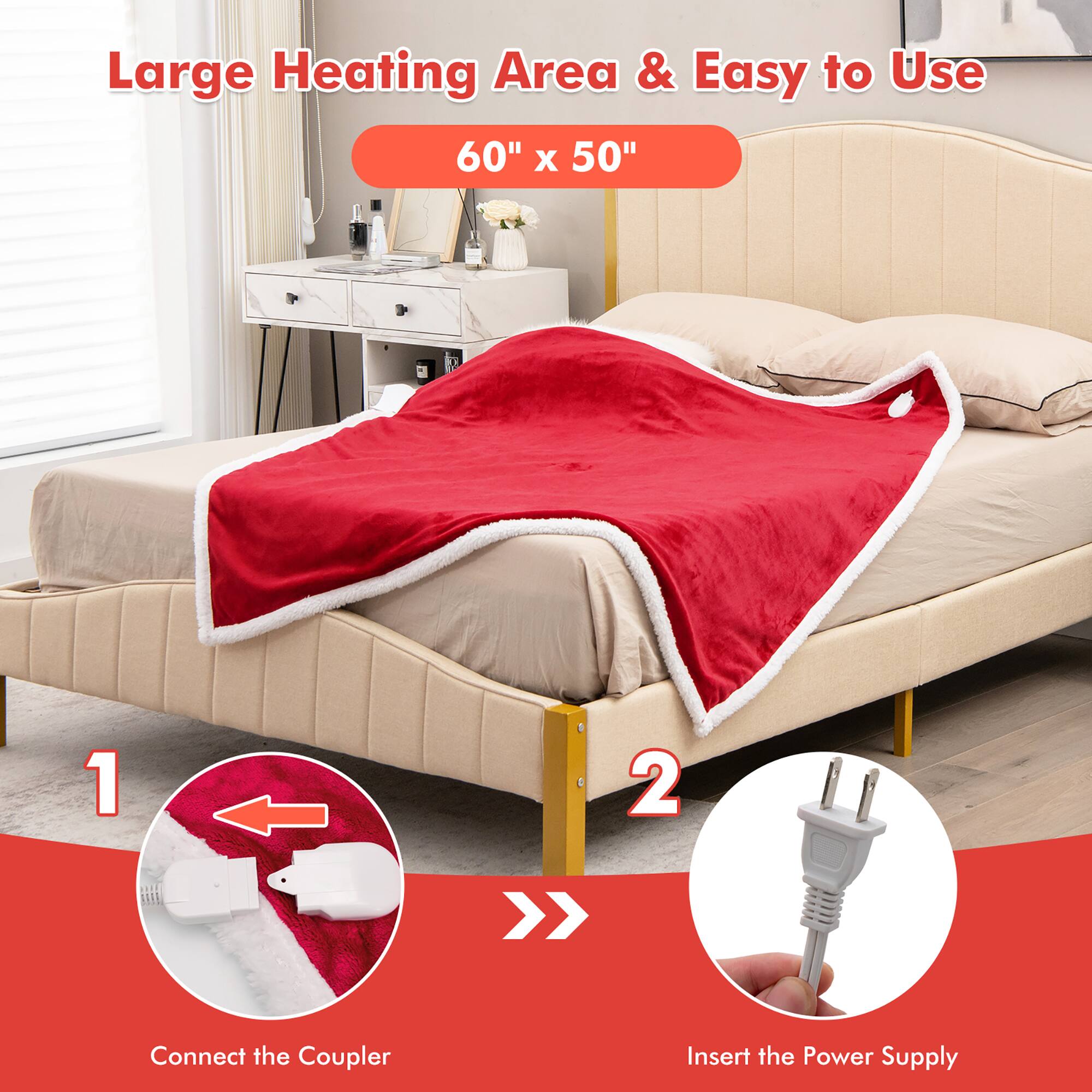 Costway 50'' x 60'' Heated Blanket Throw Reversible Flannel & Sherpa