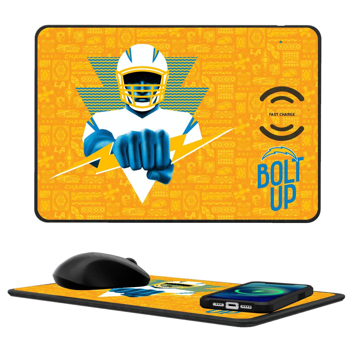 Sure, here is the corrected and grouped text from the image:

---

**Top Section:**

- LOS ANGELES CHARGERS
- LA
- FAST CHARGE
- BOLT UP

**Bottom Section:**

- LOS ANGELES CHARGERS
- LA
- FAST CHARGE

---

This text is part of the design on the mouse pad and the wireless charging pad.
